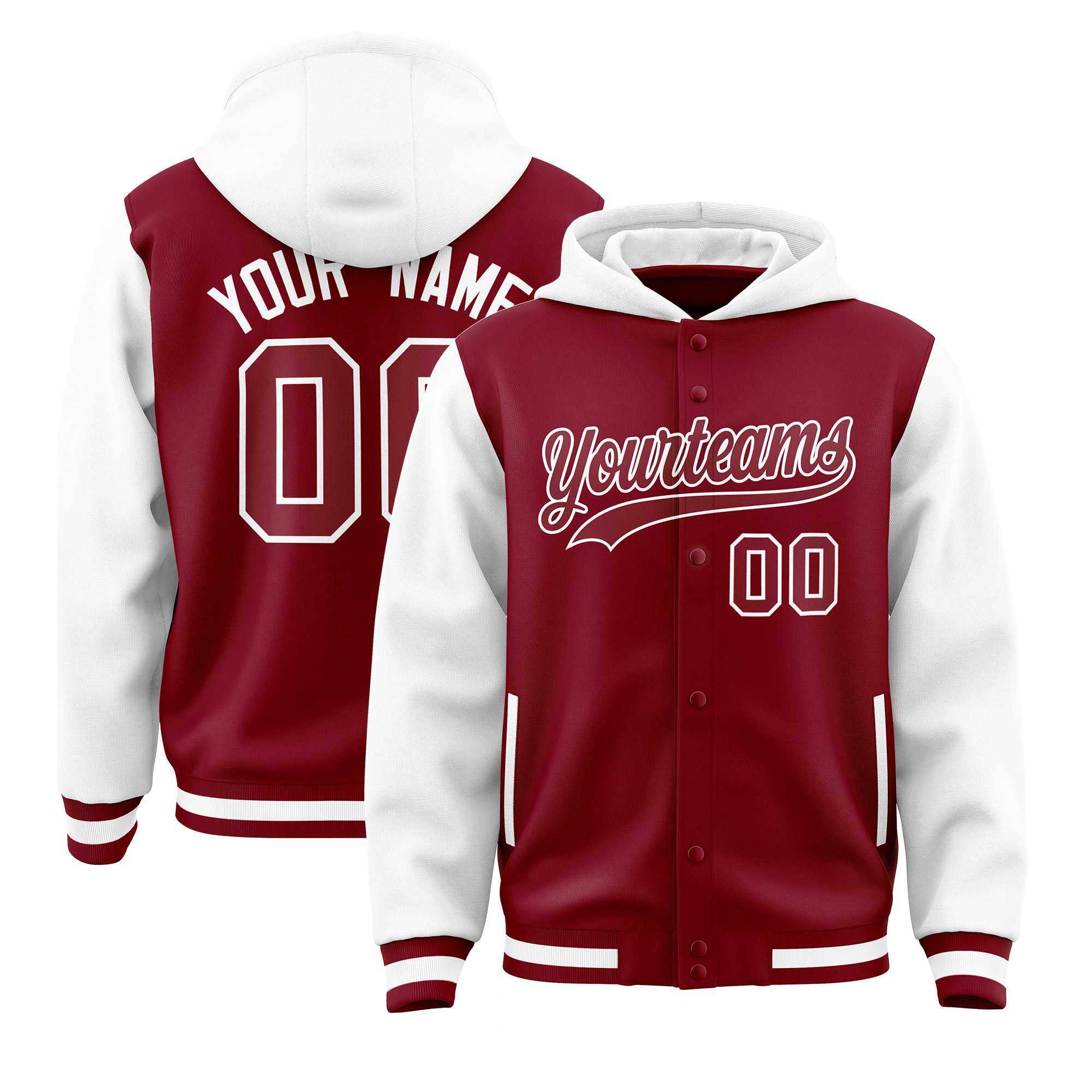 Custom Crimson White Raglan Sleeves Varsity Full-Snap Letterman Two Tone Jacket Hoodie| KXKSHOP