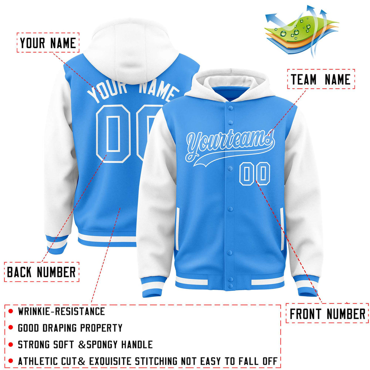 Custom Powder Blue White Raglan Sleeves Varsity Full-Snap Letterman Two Tone Jacket Hoodie| KXKSHOP