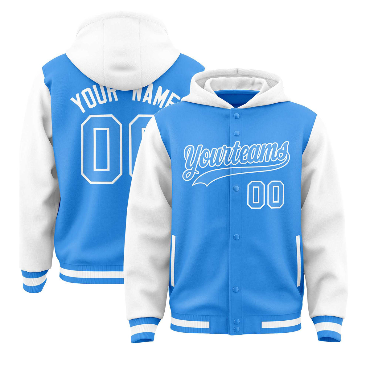 Custom Powder Blue White Raglan Sleeves Varsity Full-Snap Letterman Two Tone Jacket Hoodie| KXKSHOP