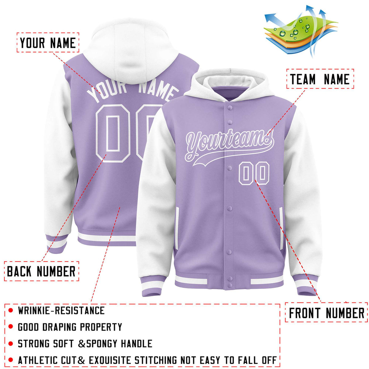 Custom Light Purple White Raglan Sleeves Varsity Full-Snap Letterman Two Tone Jacket Hoodie| KXKSHOP