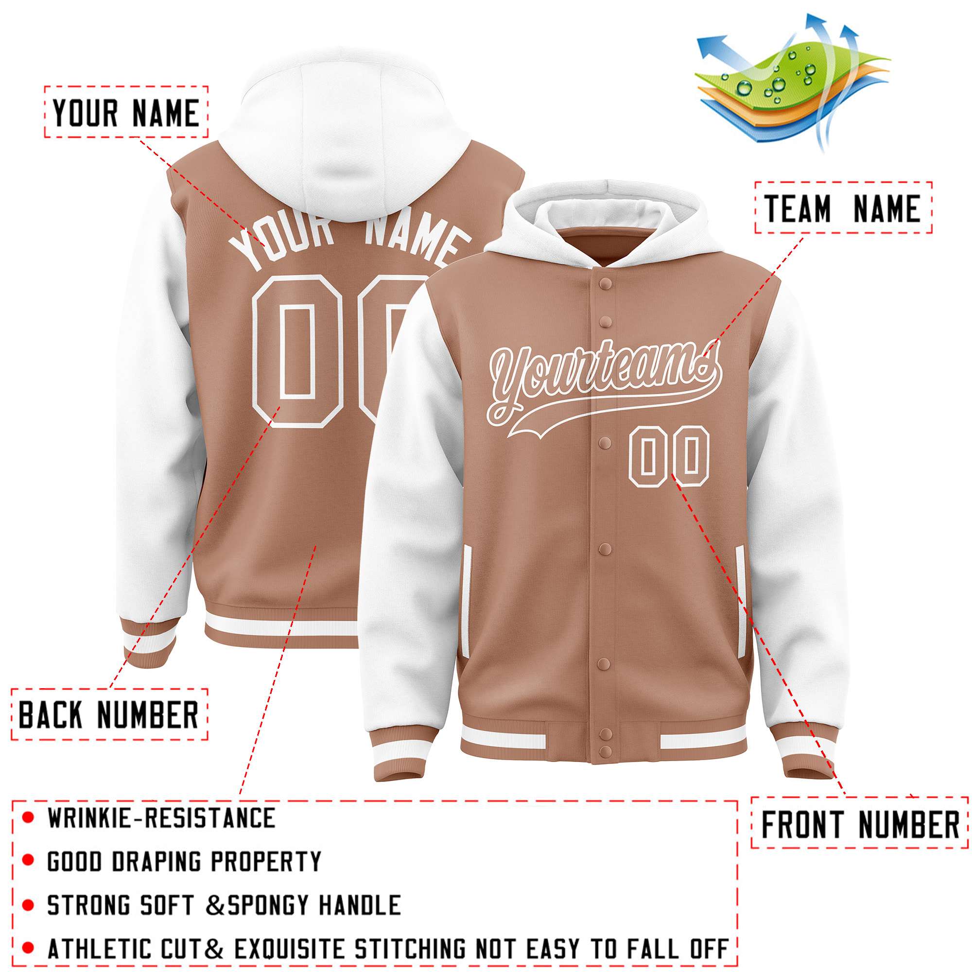Custom Teabrown White Raglan Sleeves Varsity Full-Snap Letterman Two Tone Jacket Hoodie| KXKSHOP