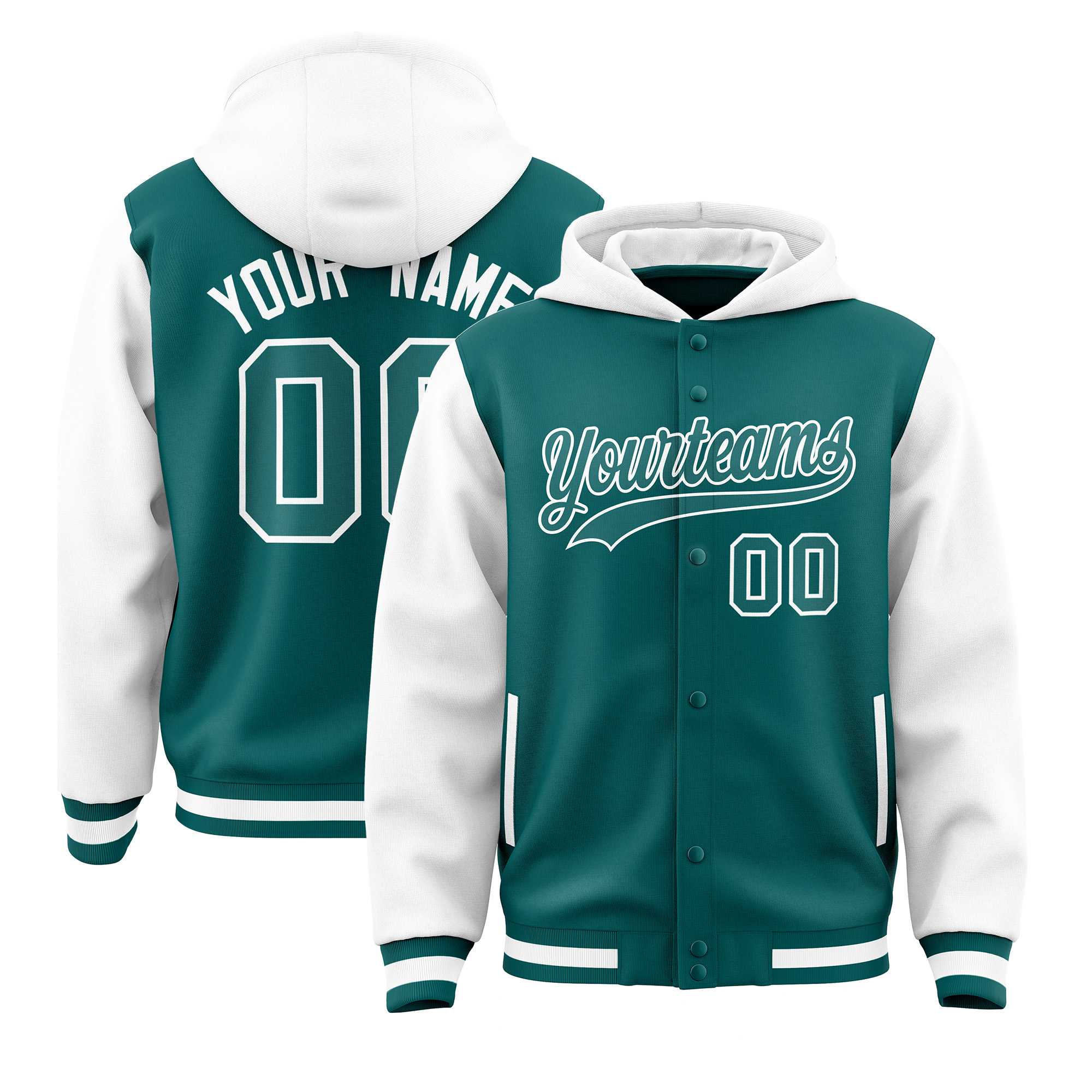 Custom Aqua White Raglan Sleeves Varsity Full-Snap Letterman Two Tone Jacket Hoodie| KXKSHOP