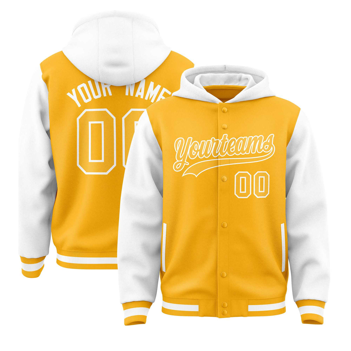 Custom Gold White Raglan Sleeves Varsity Full-Snap Letterman Two Tone Jacket Hoodie| KXKSHOP