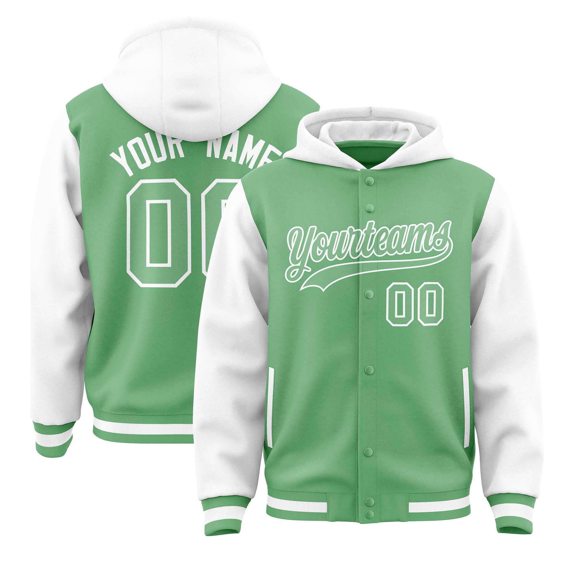 Custom Green White Raglan Sleeves Varsity Full-Snap Letterman Two Tone Jacket Hoodie| KXKSHOP