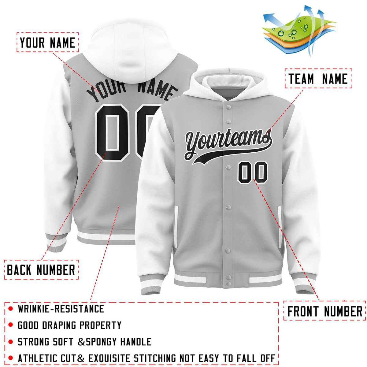 Custom Gray White Raglan Sleeves Varsity Full-Snap Letterman Two Tone Jacket Hoodie| KXKSHOP