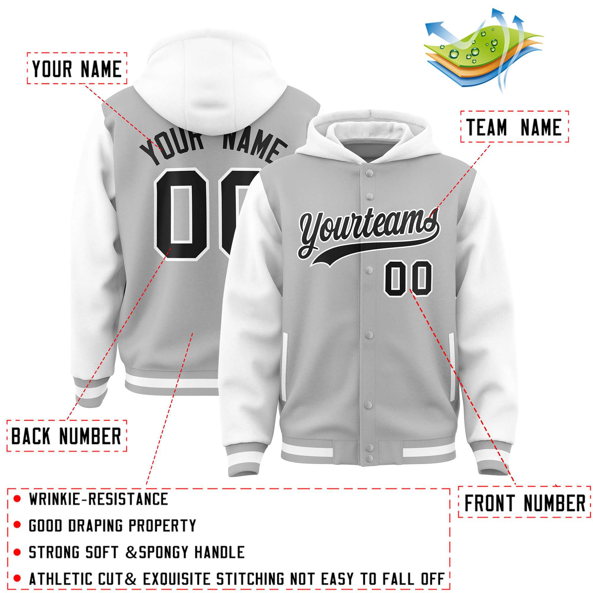 Custom Gray White Raglan Sleeves Varsity Full-Snap Letterman Two Tone Jacket Hoodie| KXKSHOP