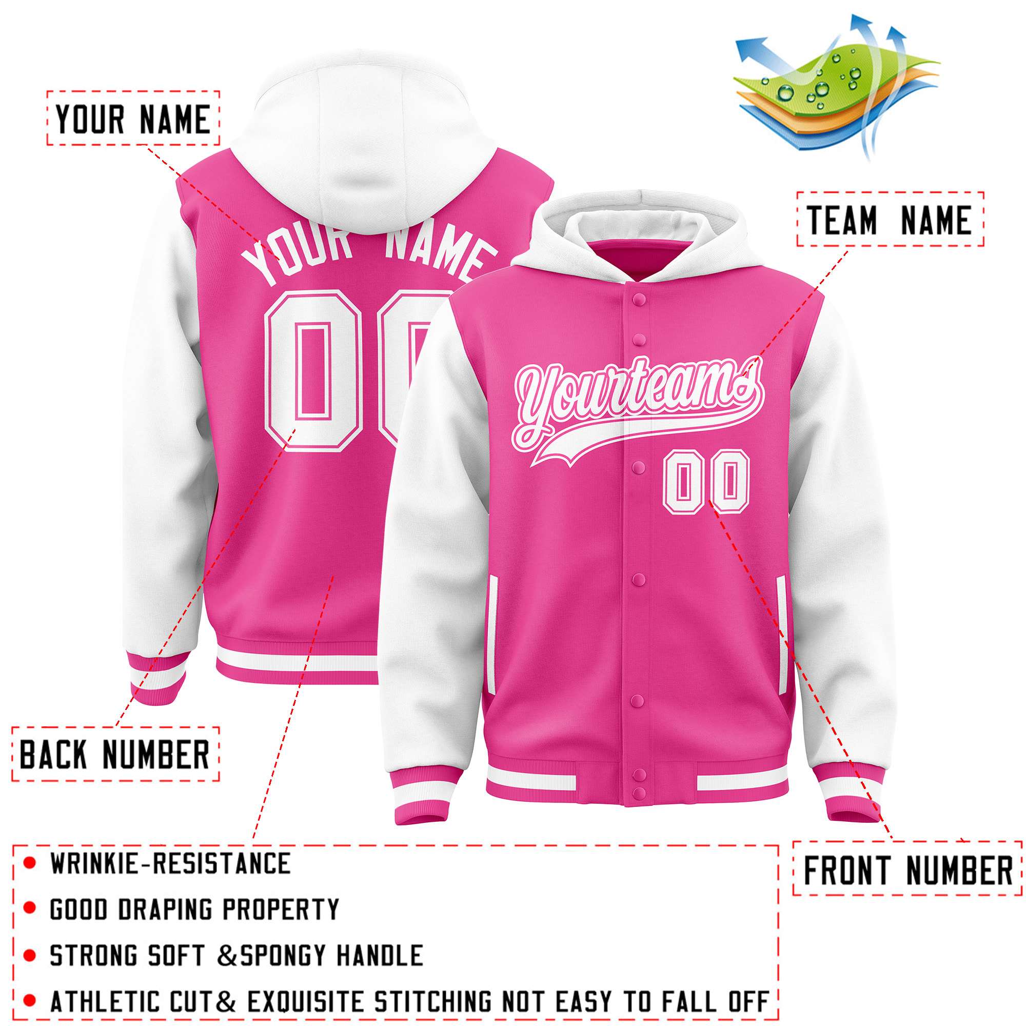 Custom Pink White Raglan Sleeves Varsity Full-Snap Letterman Two Tone Jacket Hoodie| KXKSHOP