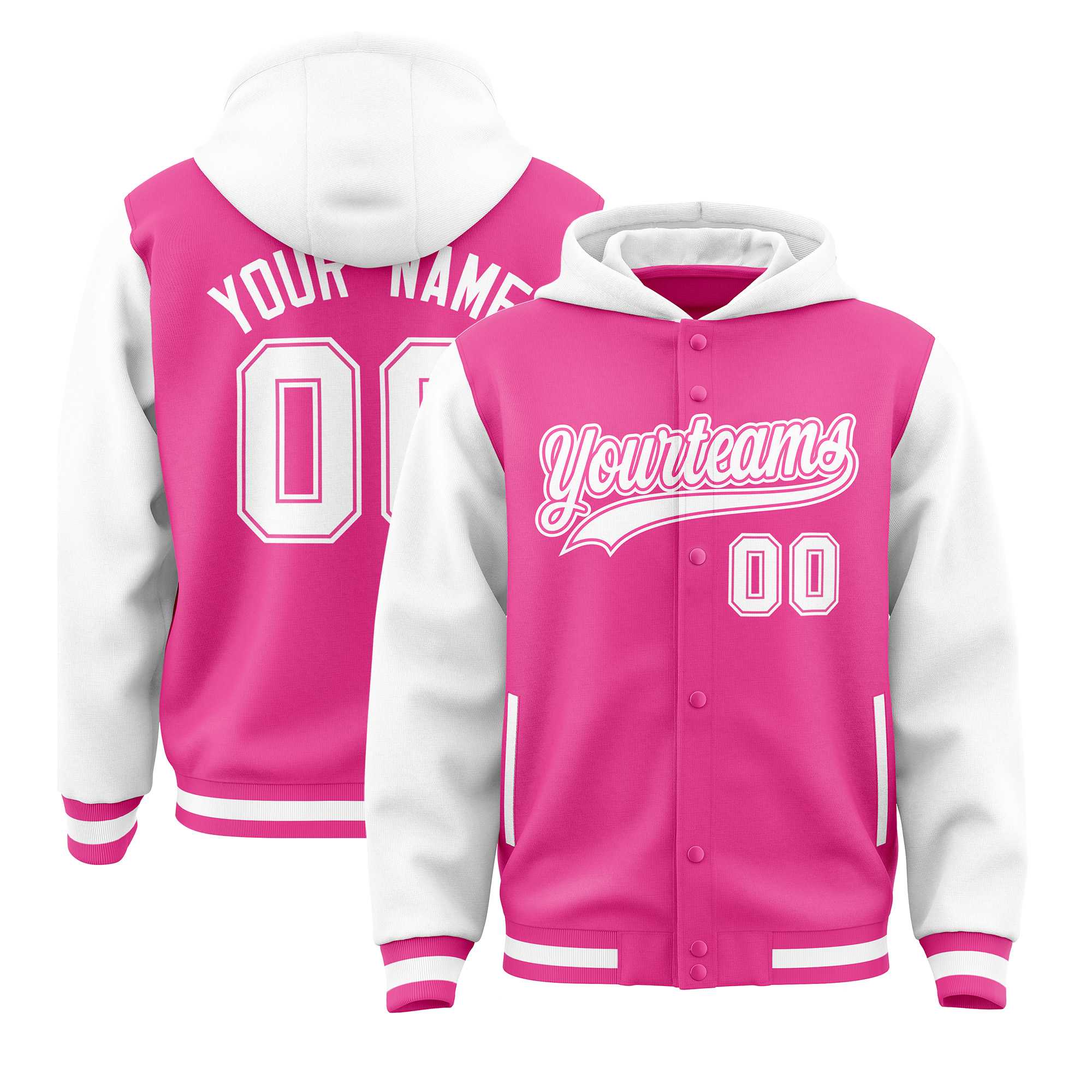 Custom Pink White Raglan Sleeves Varsity Full-Snap Letterman Two Tone Jacket Hoodie| KXKSHOP