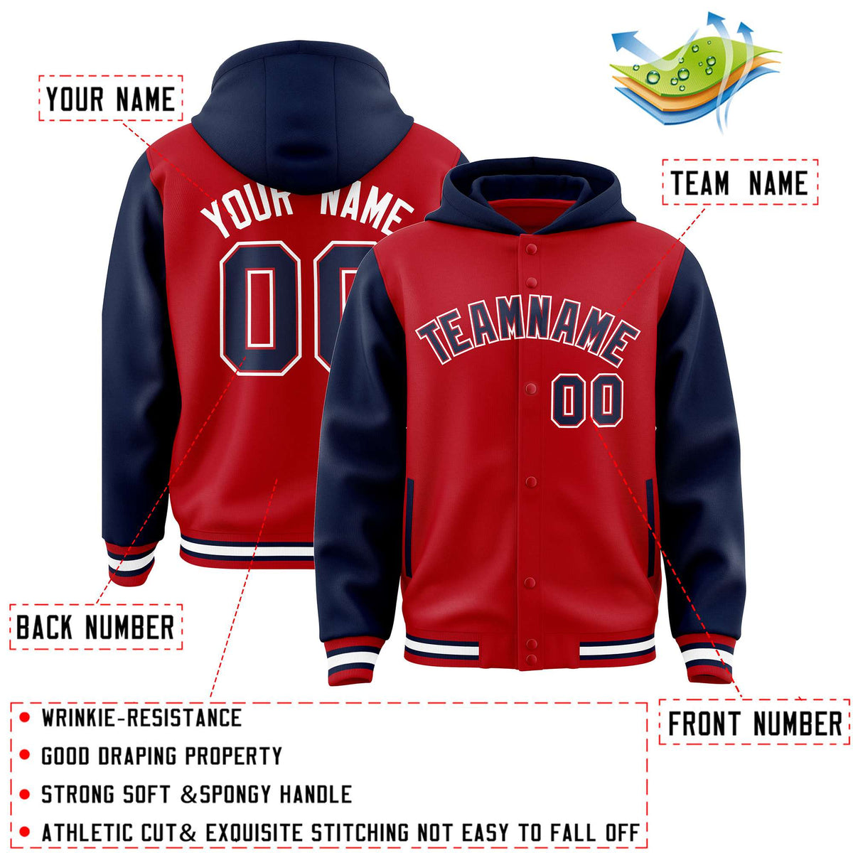 Custom Red Navy Raglan Sleeves Varsity Full-Snap Letterman Two Tone Jacket Hoodie| KXKSHOP