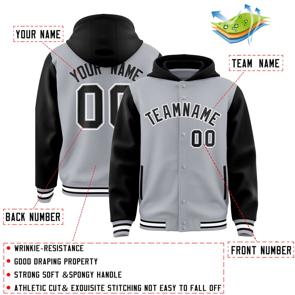 Custom Gray Black Raglan Sleeves Varsity Full-Snap Letterman Two Tone Jacket Hoodie| KXKSHOP