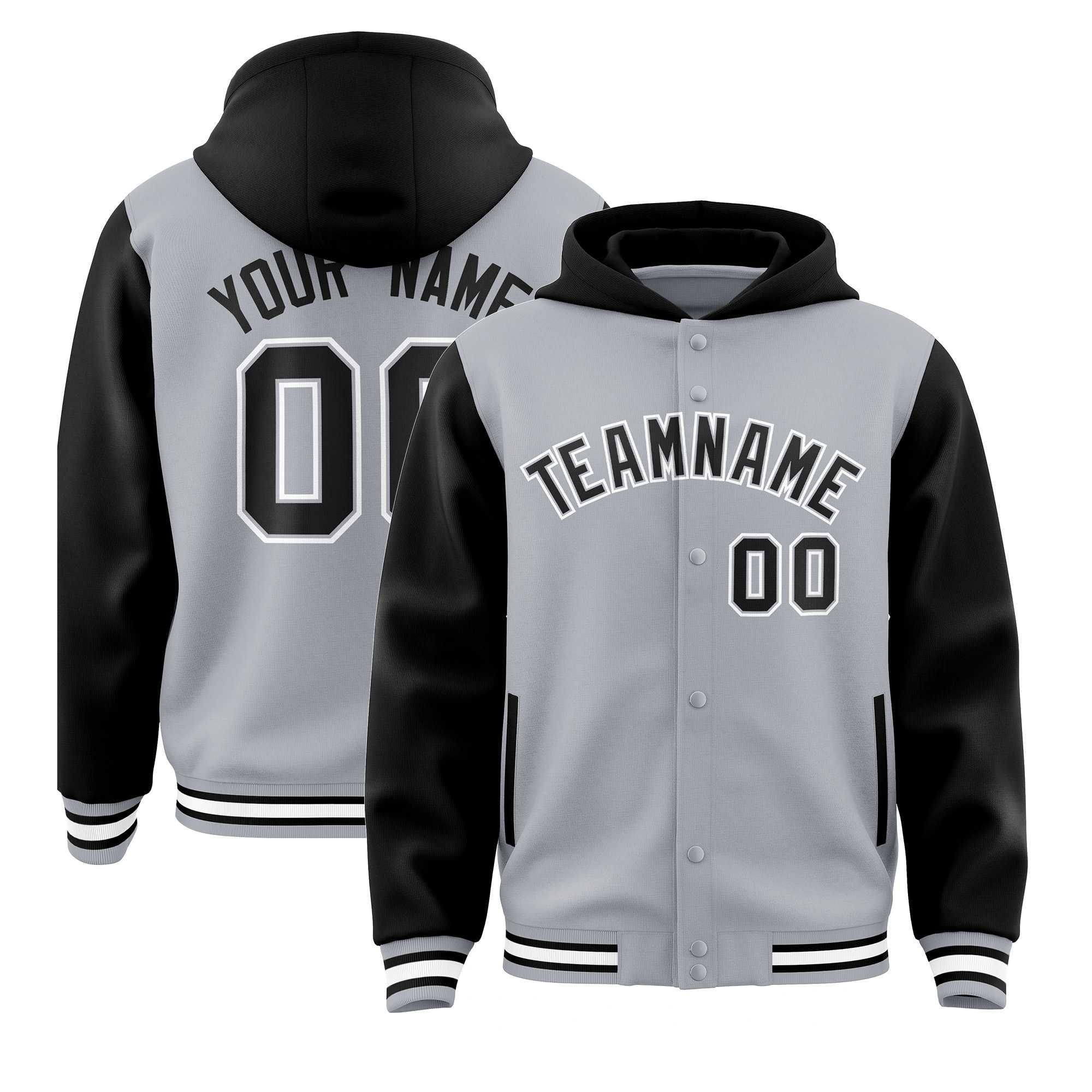 Custom Gray Black Raglan Sleeves Varsity Full-Snap Letterman Two Tone Jacket Hoodie| KXKSHOP