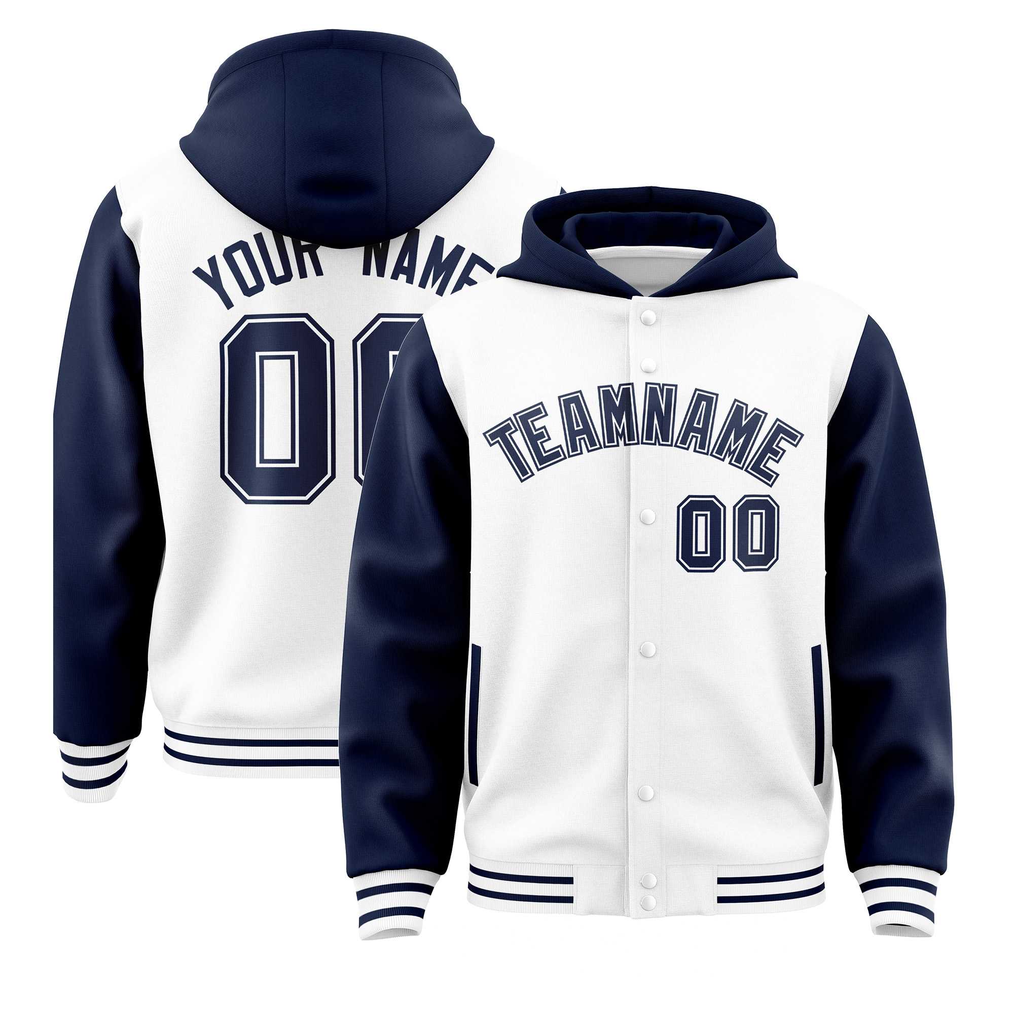 Custom White Navy Raglan Sleeves Varsity Full-Snap Letterman Two Tone Jacket Hoodie| KXKSHOP