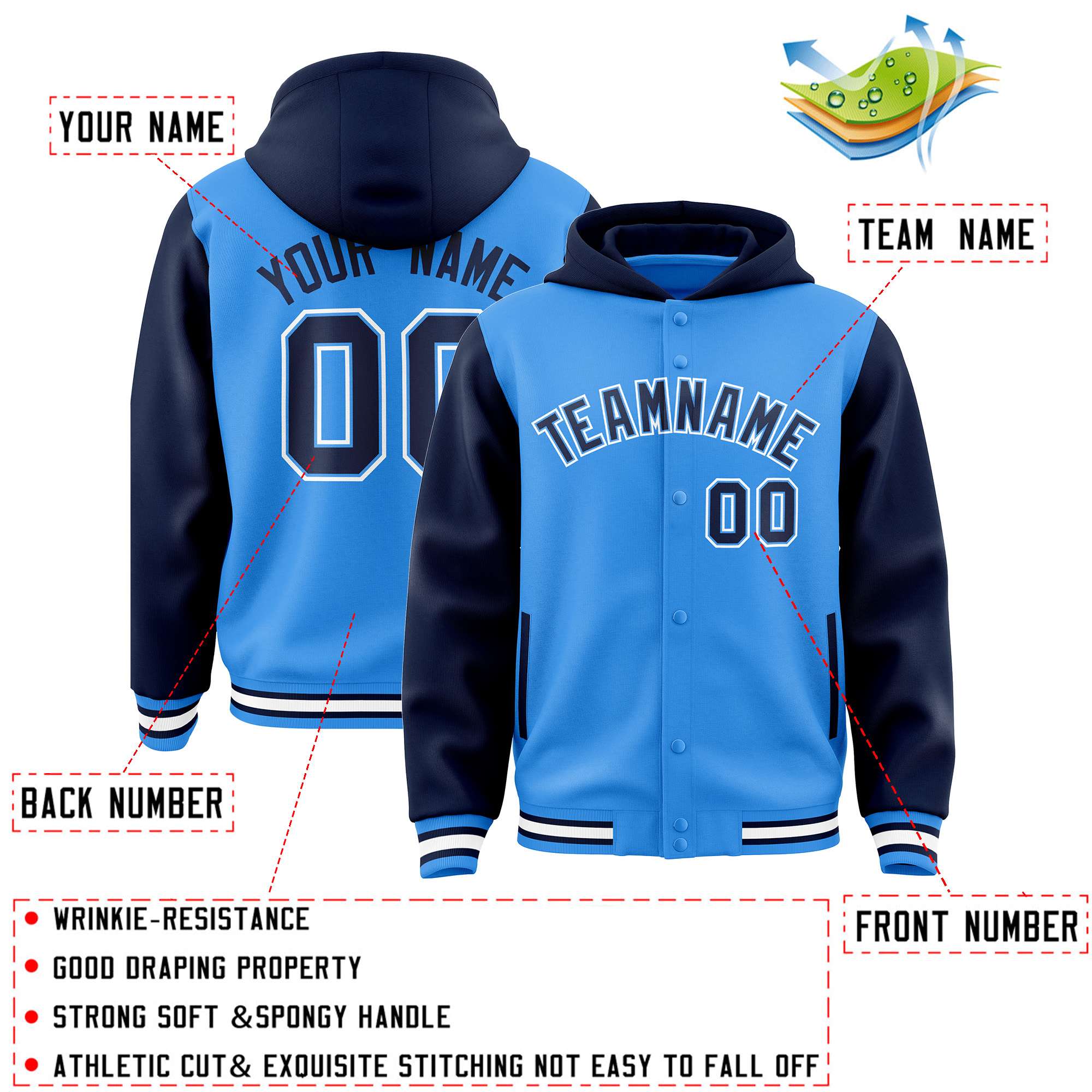 Custom Powder Blue Navy Raglan Sleeves Varsity Full-Snap Letterman Two Tone Jacket Hoodie| KXKSHOP