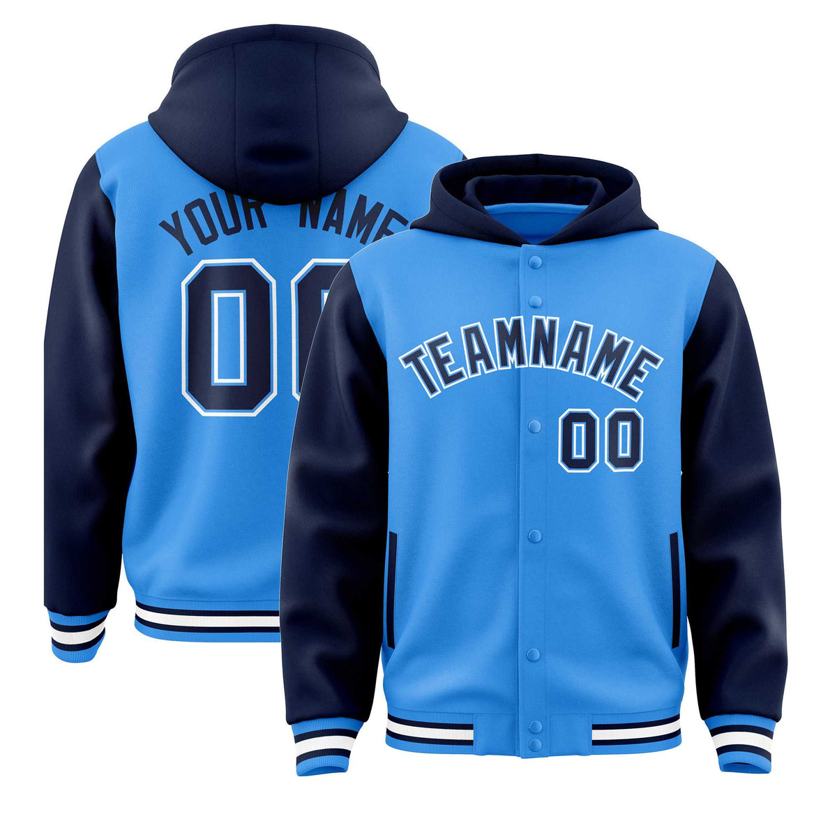 Custom Powder Blue Navy Raglan Sleeves Varsity Full-Snap Letterman Two Tone Jacket Hoodie| KXKSHOP