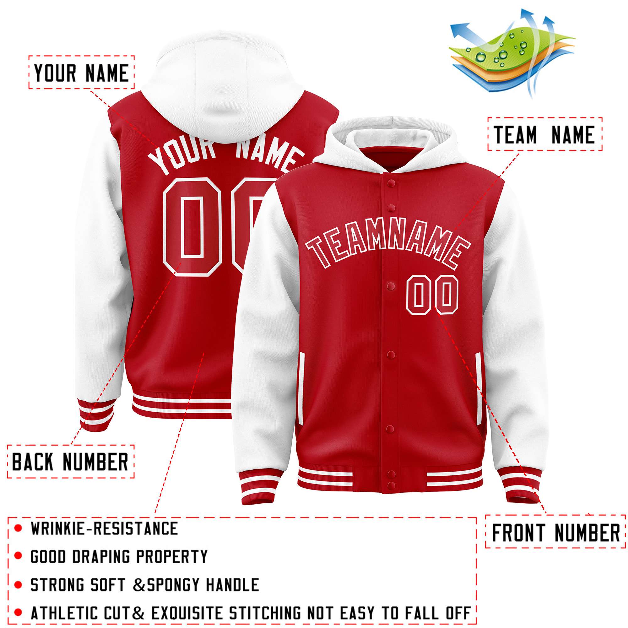 Custom Red White Raglan Sleeves Varsity Full-Snap Letterman Two Tone Jacket Hoodie| KXKSHOP