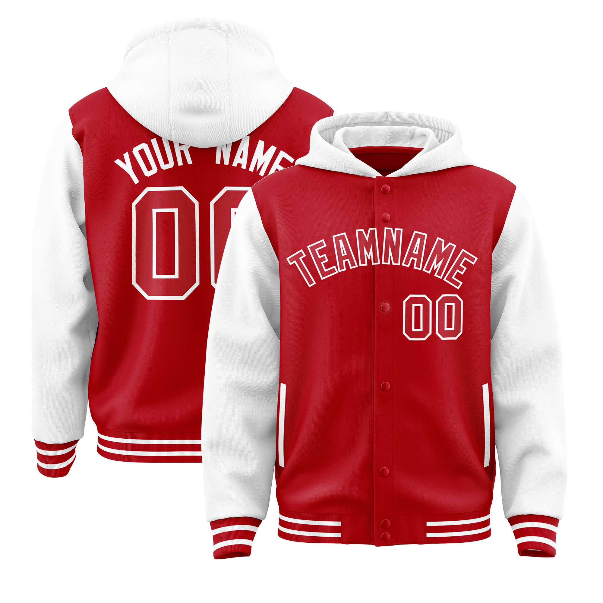 Custom Red White Raglan Sleeves Varsity Full-Snap Letterman Two Tone Jacket Hoodie| KXKSHOP