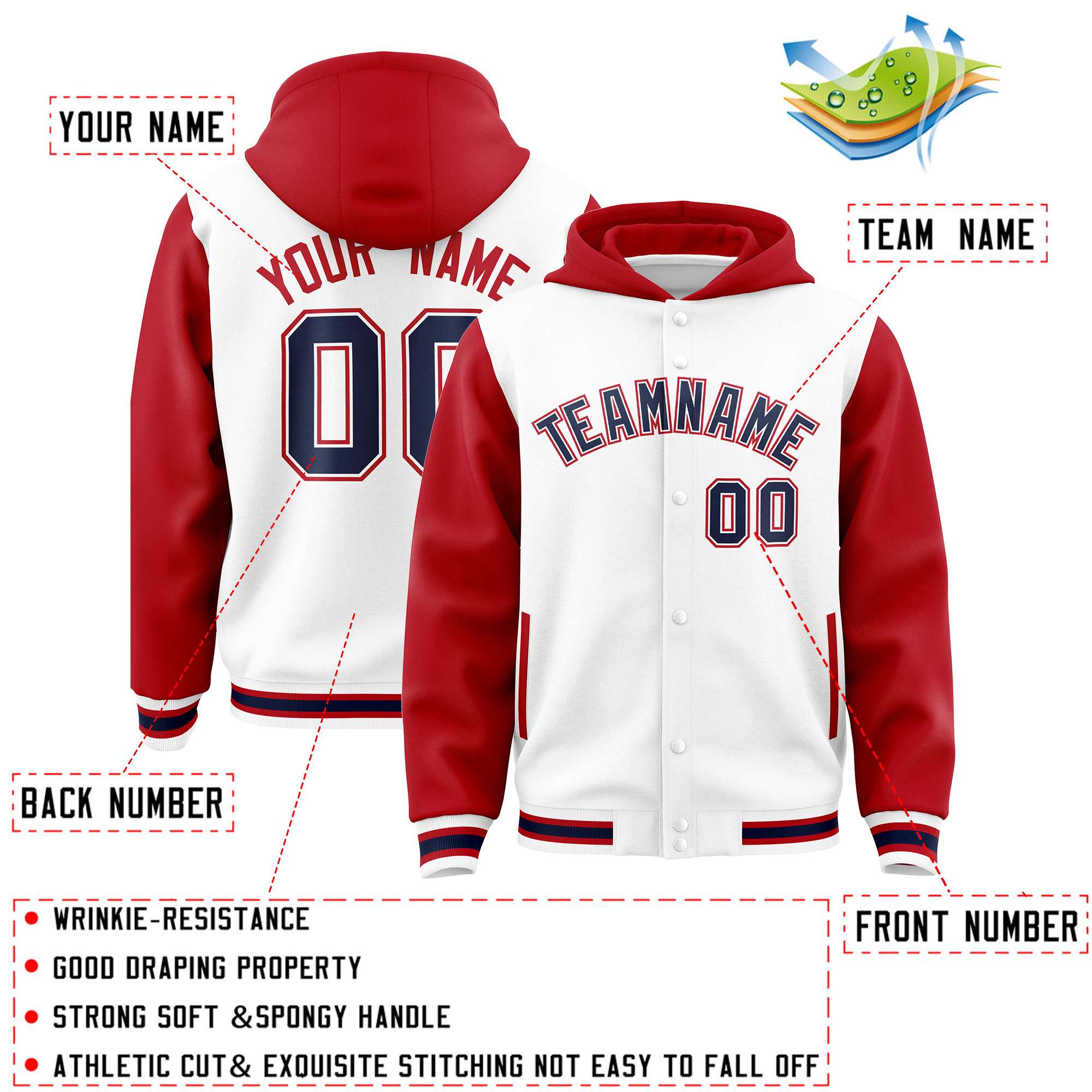 Custom White Red Raglan Sleeves Varsity Full-Snap Letterman Two Tone Jacket Hoodie| KXKSHOP