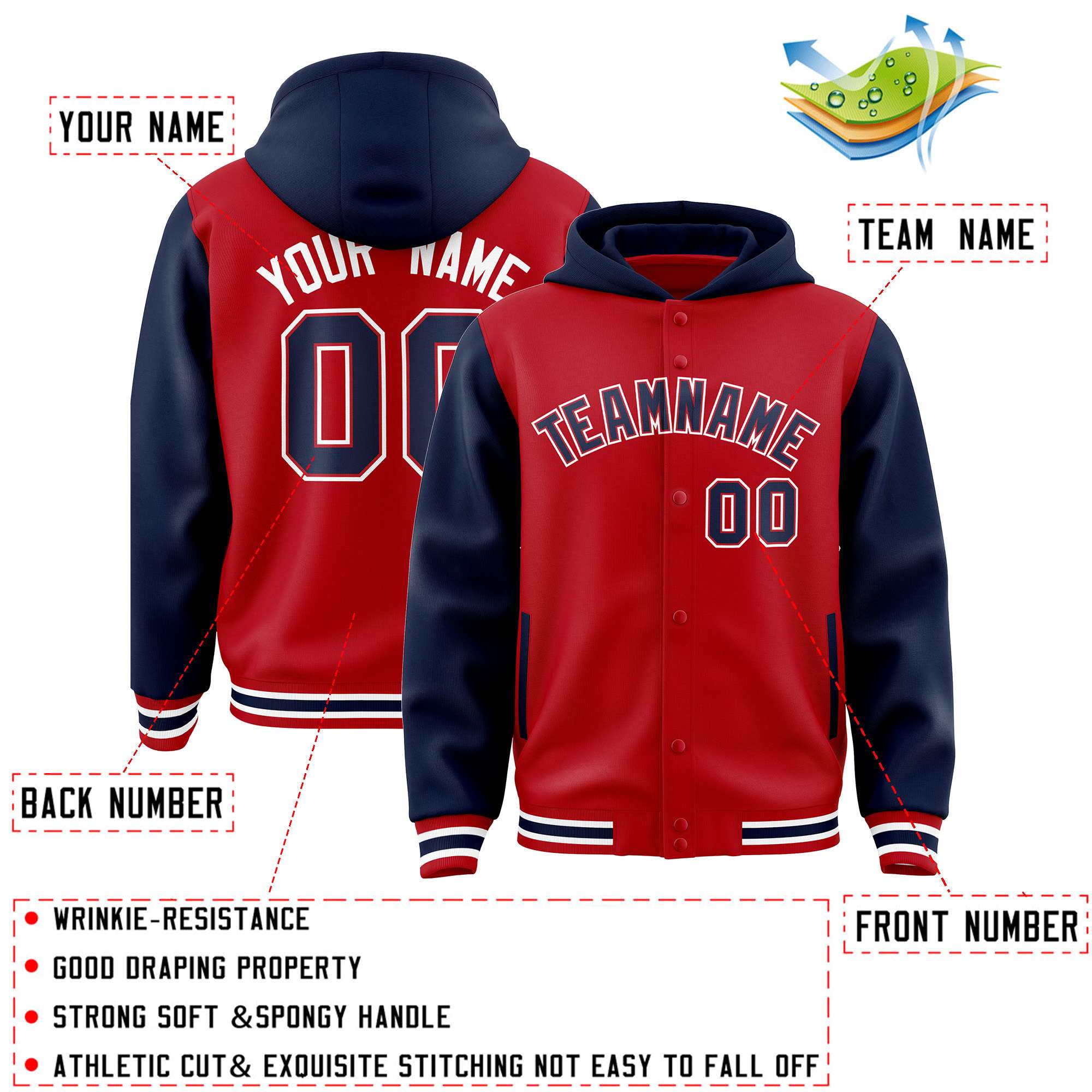 Custom Red Navy Raglan Sleeves Varsity Full-Snap Letterman Two Tone Jacket Hoodie| KXKSHOP