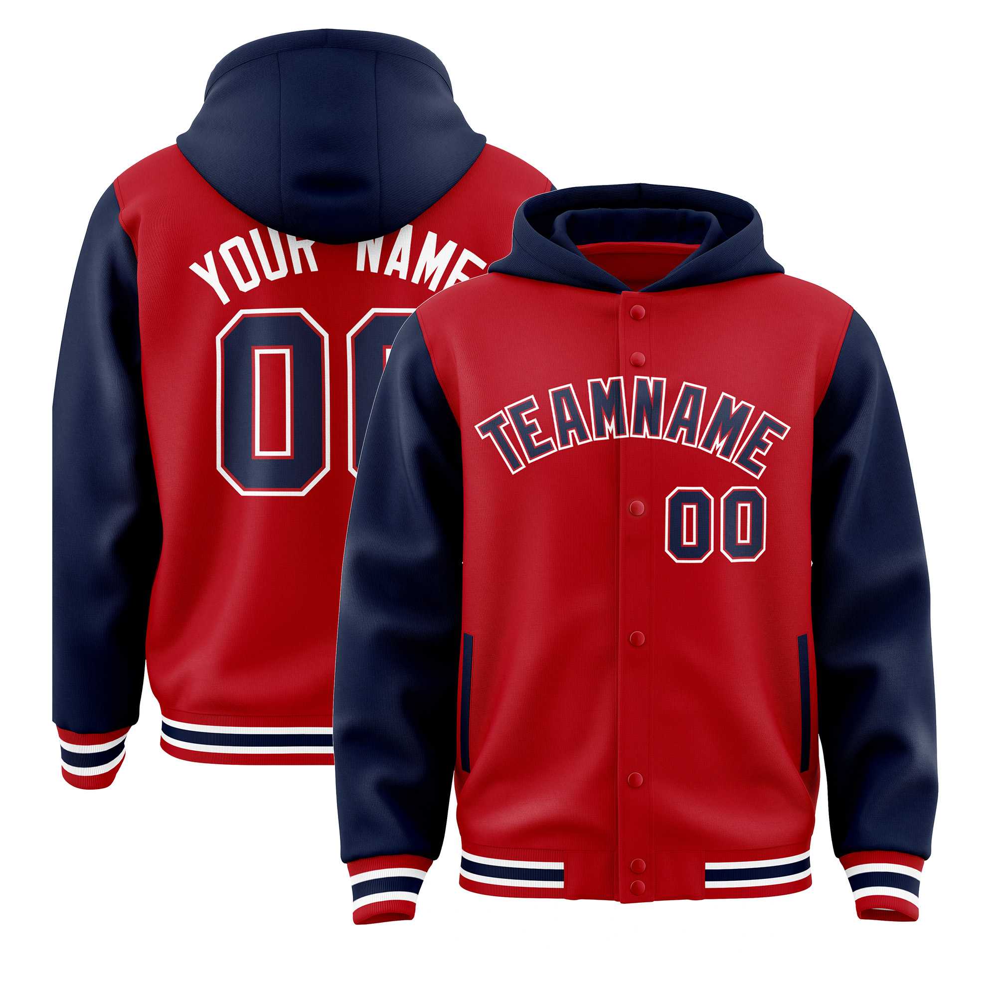 Custom Red Navy Raglan Sleeves Varsity Full-Snap Letterman Two Tone Jacket Hoodie| KXKSHOP
