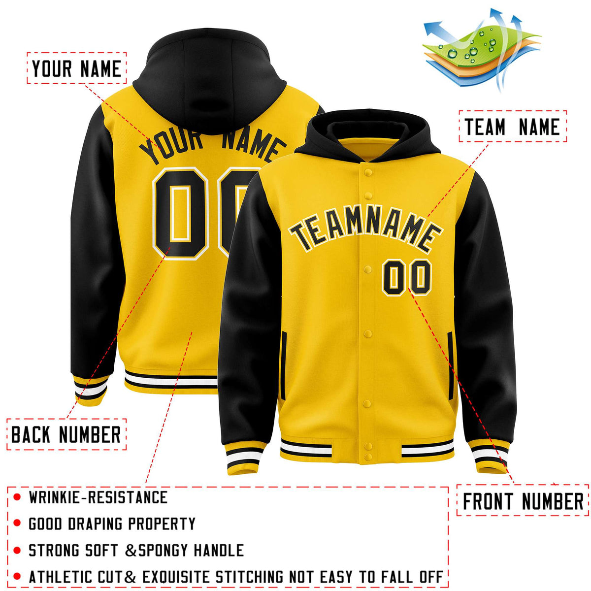 Custom Gold Black Raglan Sleeves Varsity Full-Snap Letterman Two Tone Jacket Hoodie| KXKSHOP