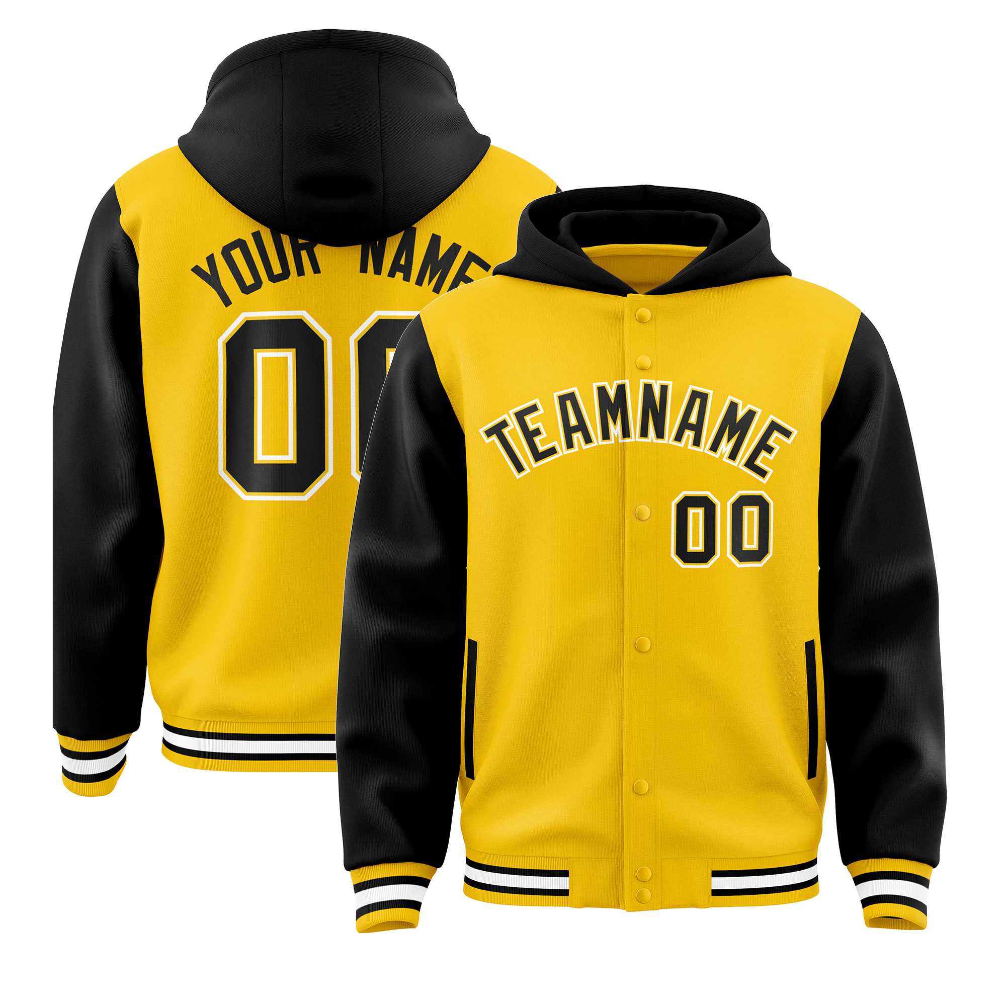 Custom Gold Black Raglan Sleeves Varsity Full-Snap Letterman Two Tone Jacket Hoodie| KXKSHOP