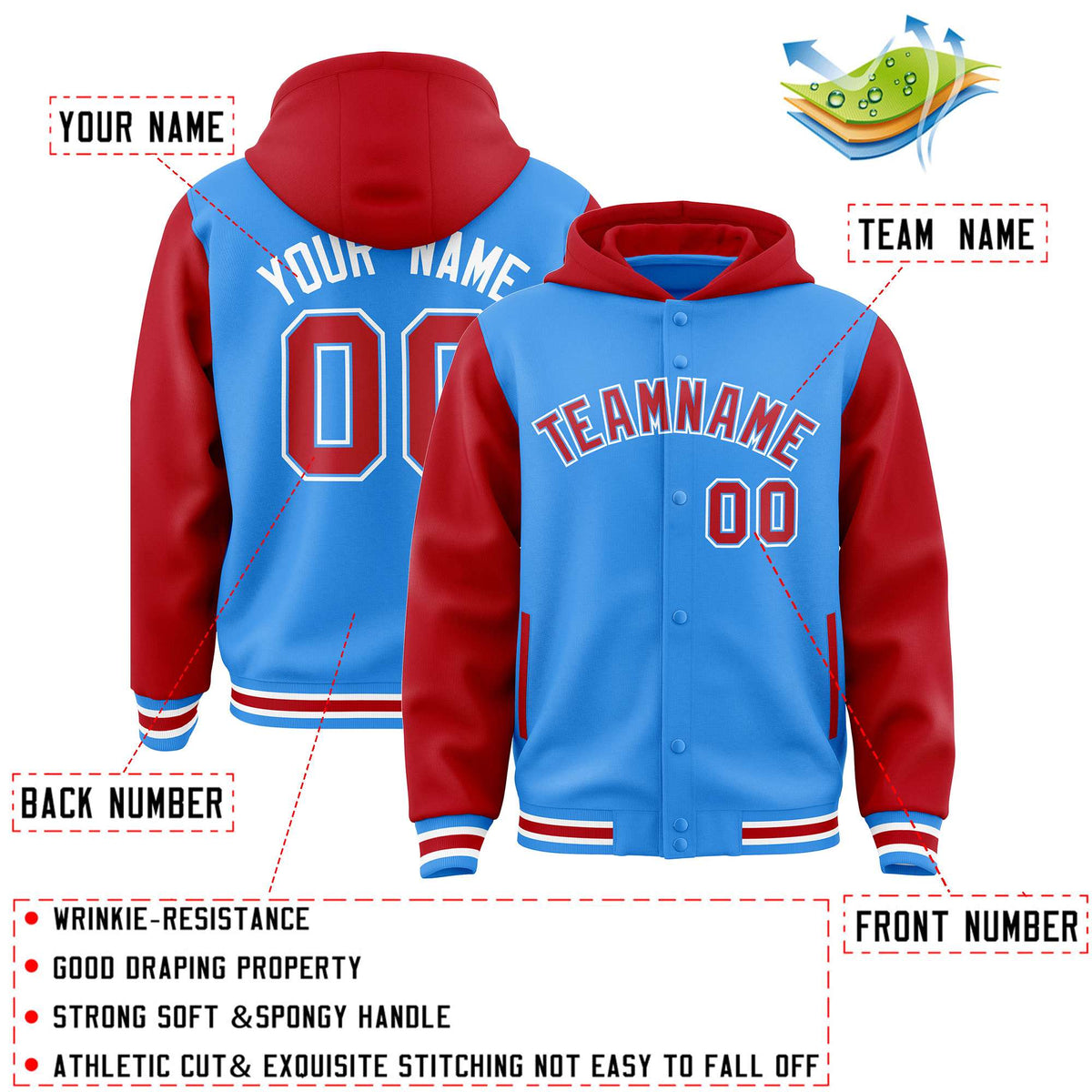 Custom Powder Blue Red Raglan Sleeves Varsity Full-Snap Letterman Two Tone Jacket Hoodie| KXKSHOP