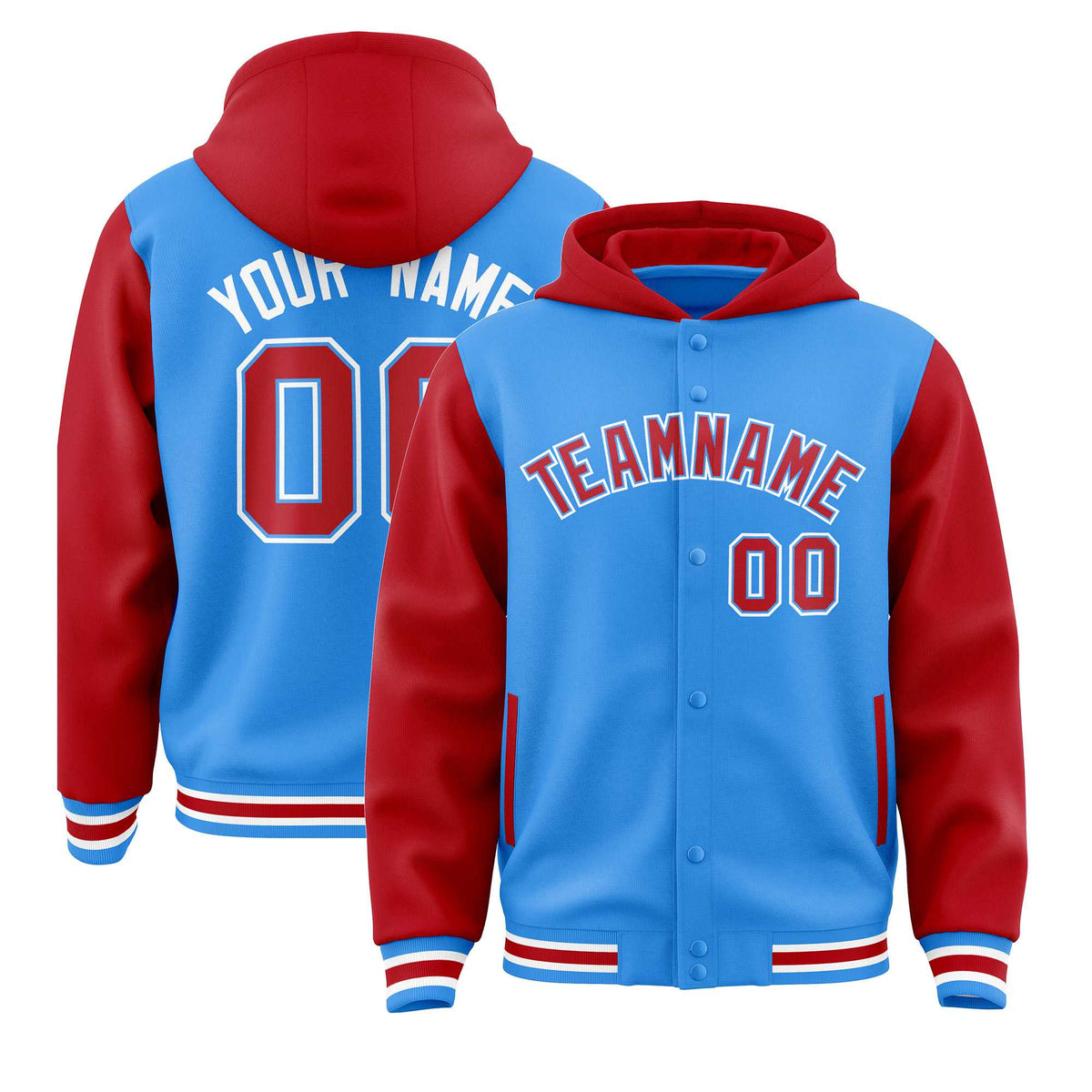 Custom Powder Blue Red Raglan Sleeves Varsity Full-Snap Letterman Two Tone Jacket Hoodie| KXKSHOP