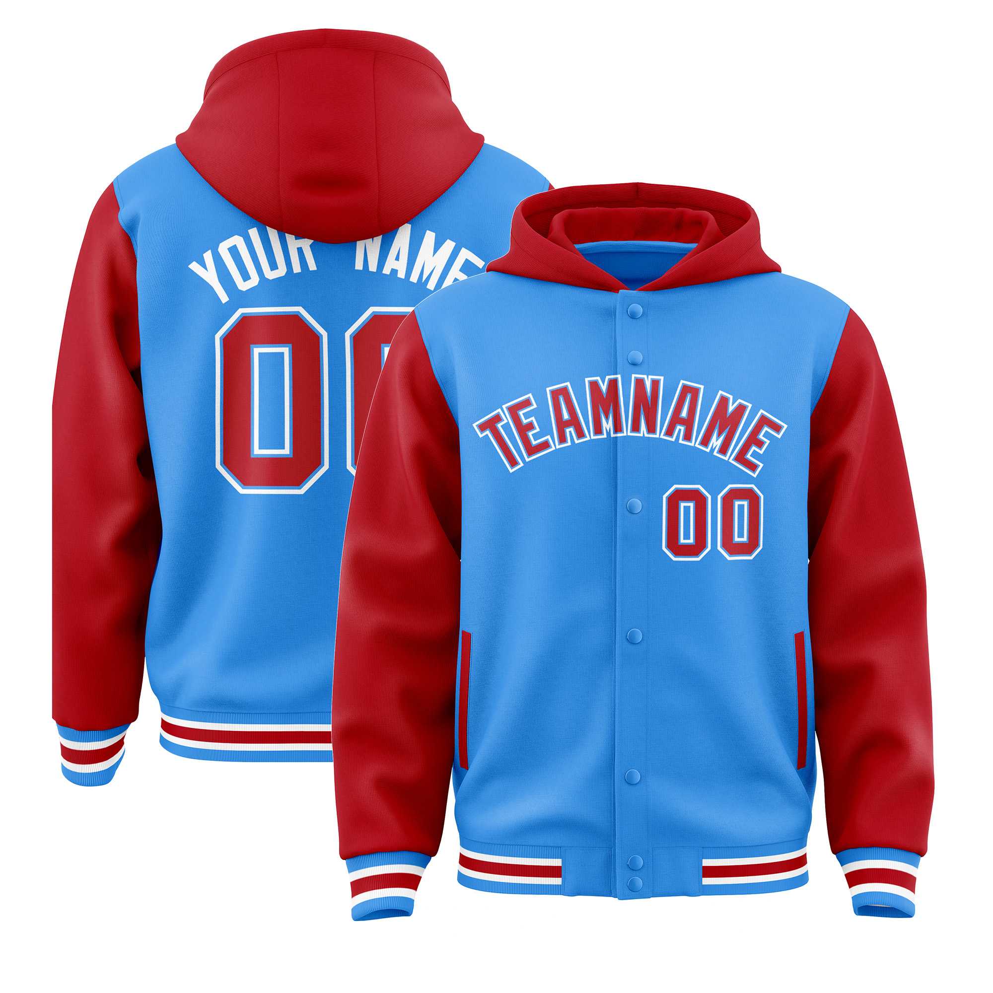 Custom Powder Blue Red Raglan Sleeves Varsity Full-Snap Letterman Two Tone Jacket Hoodie| KXKSHOP