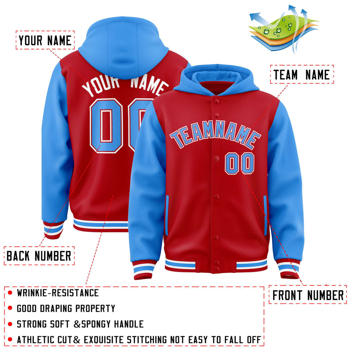 Custom Red Powder Blue Raglan Sleeves Varsity Full-Snap Letterman Two Tone Jacket Hoodie| KXKSHOP