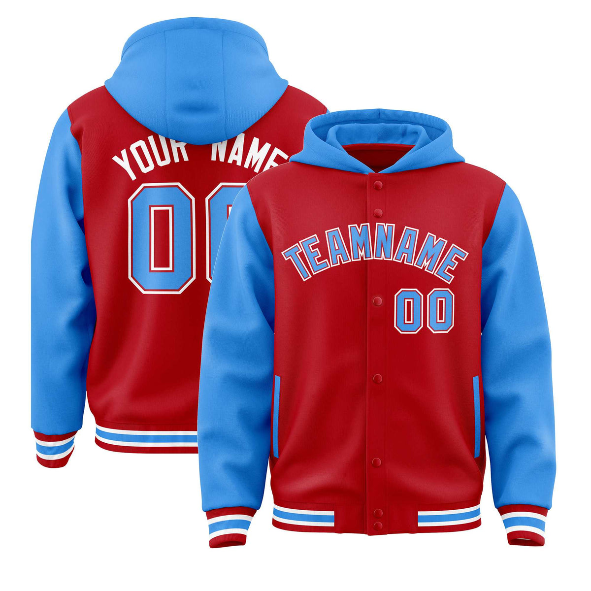 Custom Red Powder Blue Raglan Sleeves Varsity Full-Snap Letterman Two Tone Jacket Hoodie| KXKSHOP