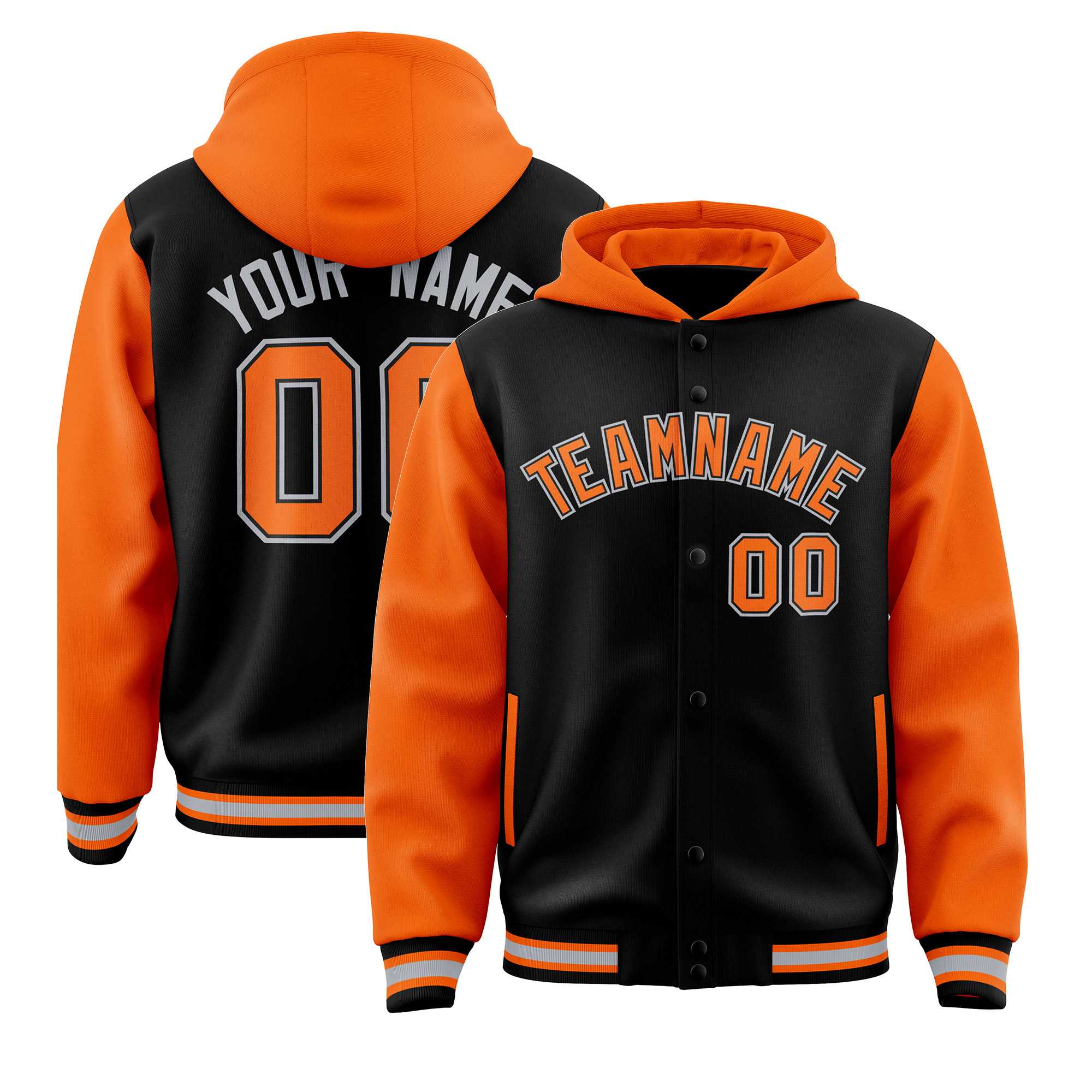 Custom Black Orange Raglan Sleeves Varsity Full-Snap Letterman Two Tone Jacket Hoodie| KXKSHOP