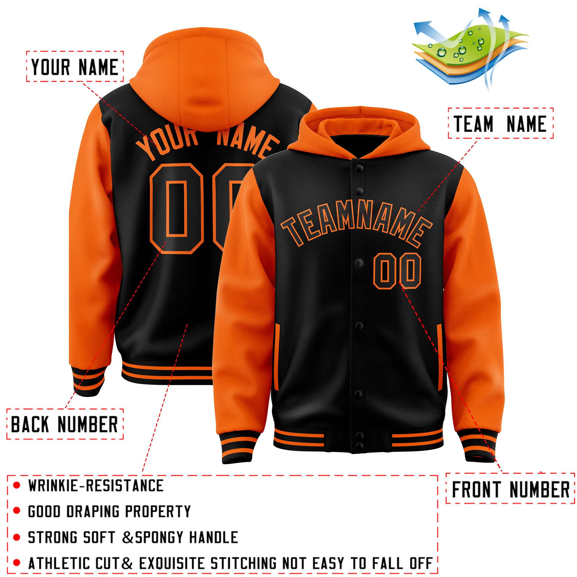 Custom Black Orange Raglan Sleeves Varsity Full-Snap Letterman Two Tone Jacket Hoodie| KXKSHOP