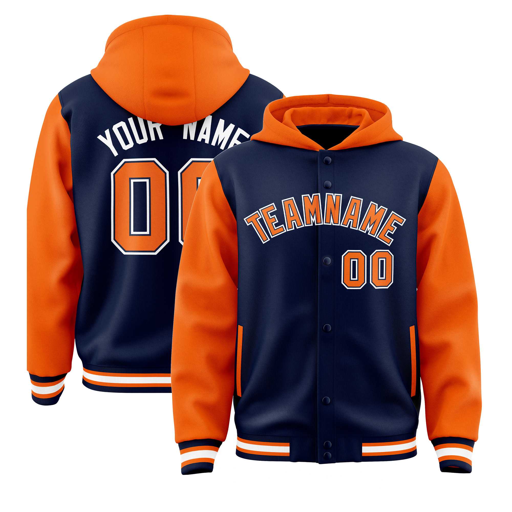 Custom Navy Orange Raglan Sleeves Varsity Full-Snap Letterman Two Tone Jacket Hoodie| KXKSHOP