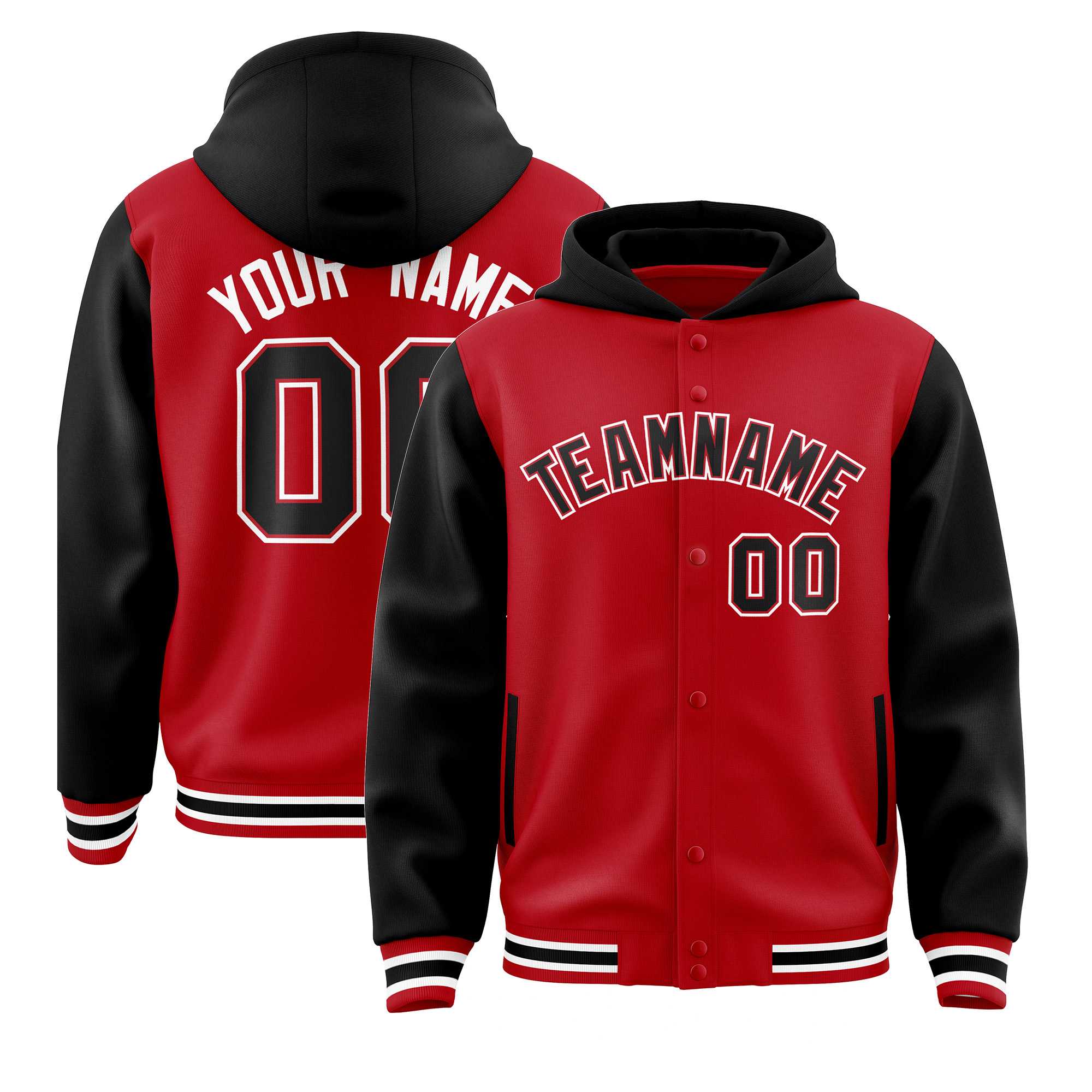 Custom Red Black Raglan Sleeves Varsity Full-Snap Letterman Two Tone Jacket Hoodie| KXKSHOP