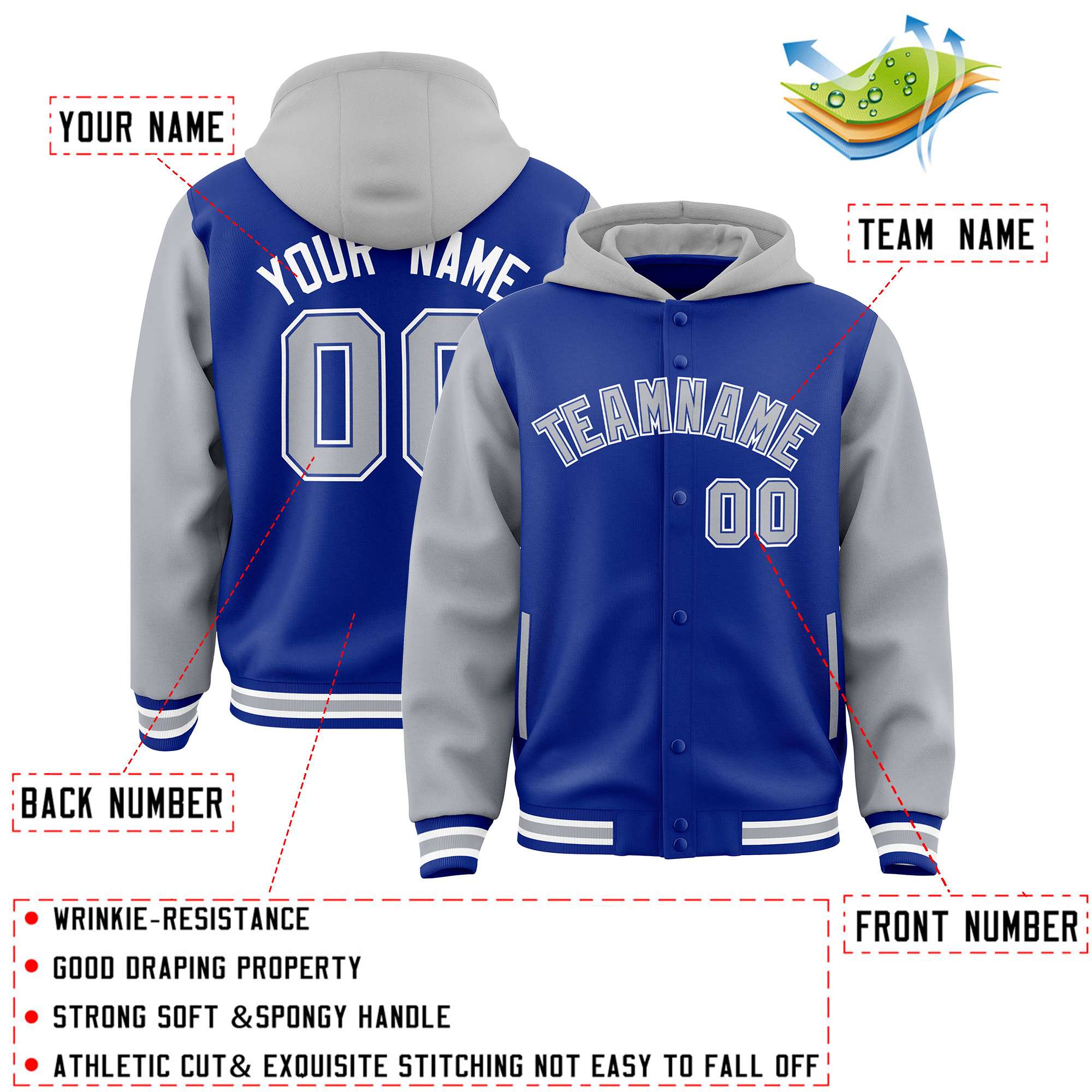 Custom Royal Gray Raglan Sleeves Varsity Full-Snap Letterman Two Tone Jacket Hoodie| KXKSHOP