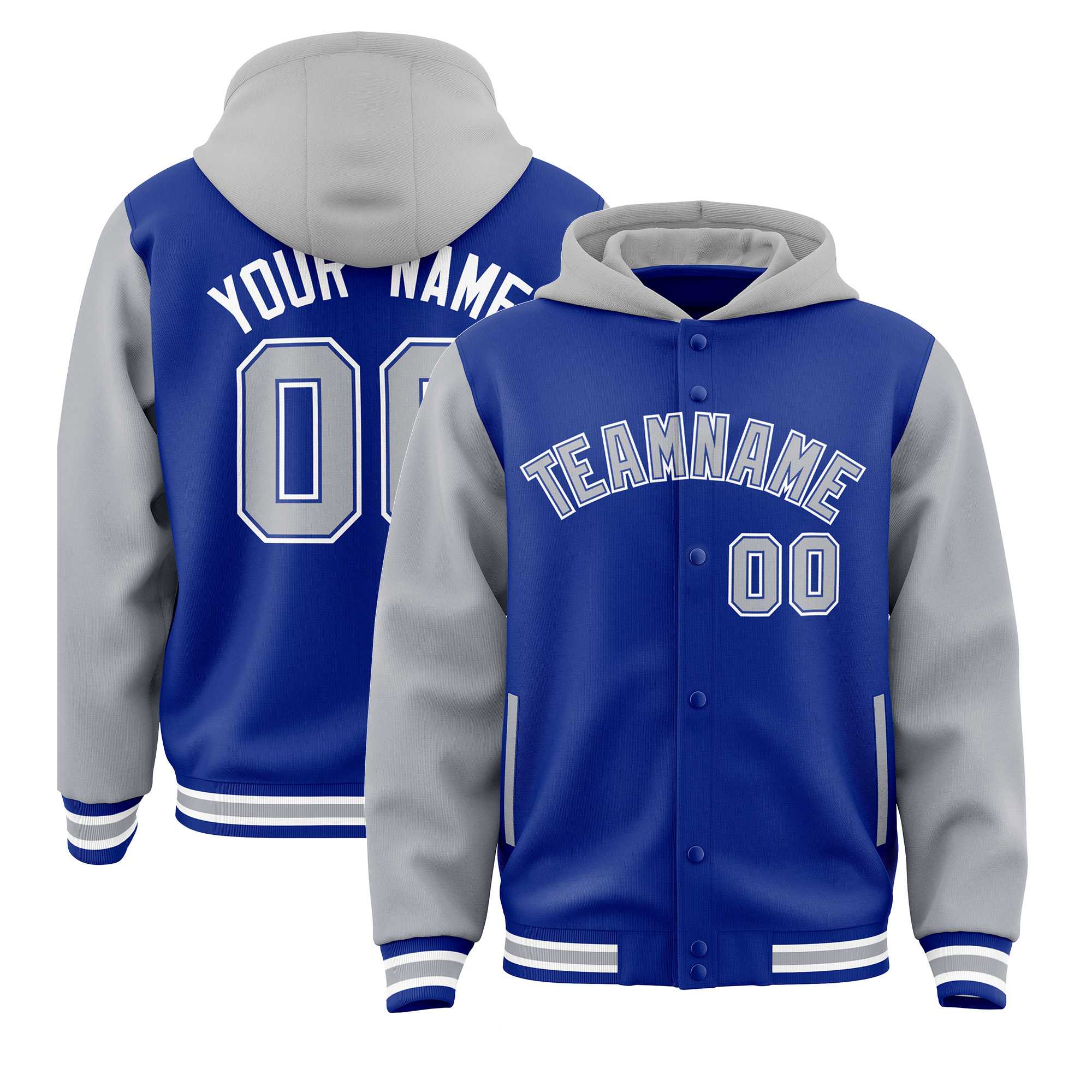Custom Royal Gray Raglan Sleeves Varsity Full-Snap Letterman Two Tone Jacket Hoodie| KXKSHOP
