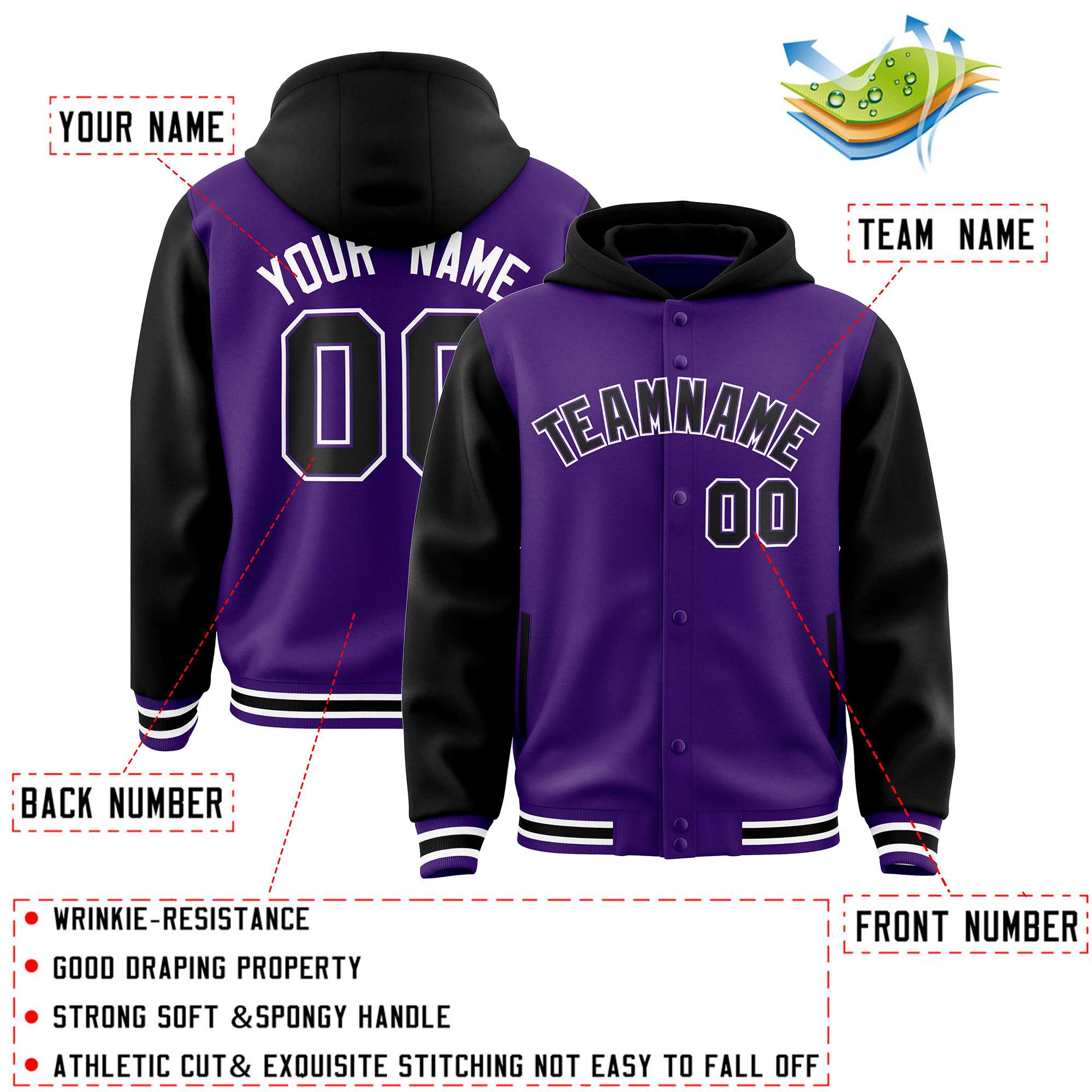 Custom Purple Black Raglan Sleeves Varsity Full-Snap Letterman Two Tone Jacket Hoodie| KXKSHOP