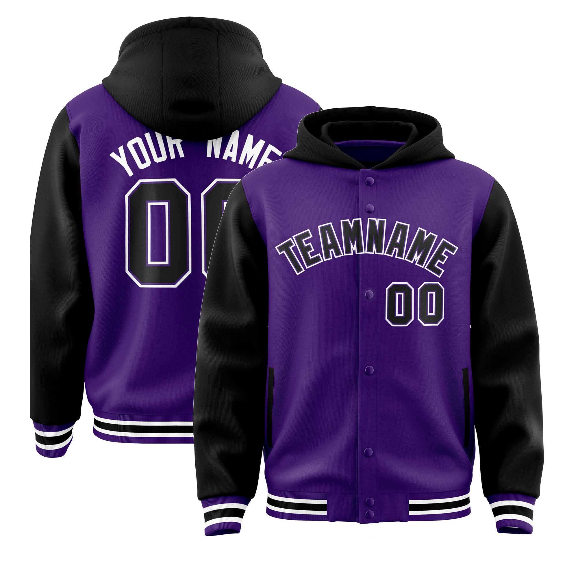 Custom Purple Black Raglan Sleeves Varsity Full-Snap Letterman Two Tone Jacket Hoodie| KXKSHOP