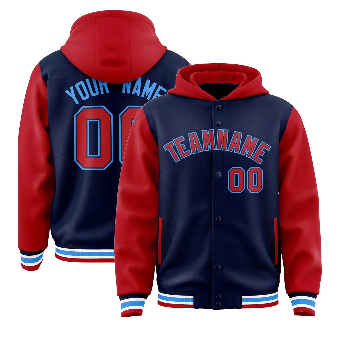 Custom Navy Red Raglan Sleeves Varsity Full-Snap Letterman Two Tone Jacket Hoodie| KXKSHOP