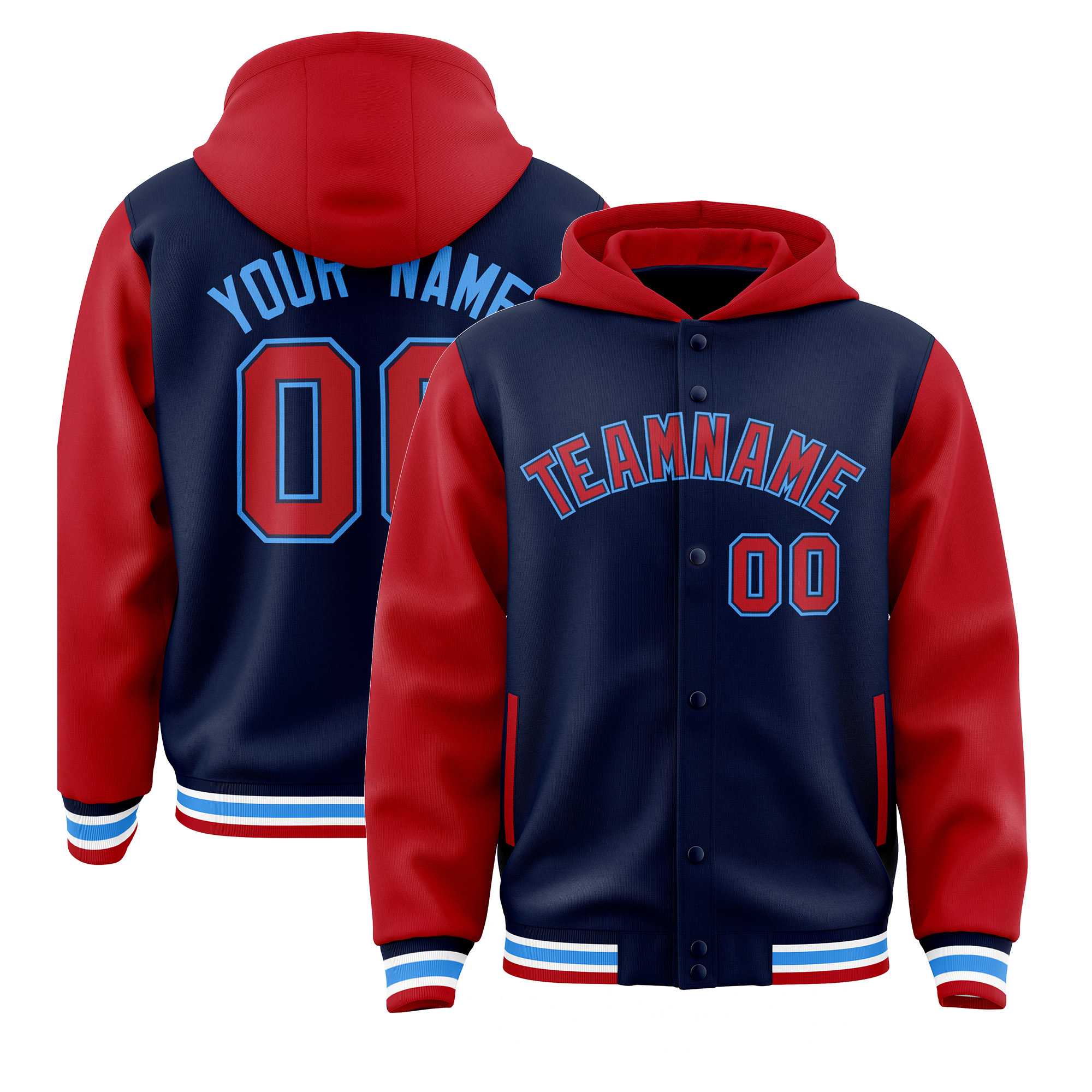 Custom Navy Red Raglan Sleeves Varsity Full-Snap Letterman Two Tone Jacket Hoodie| KXKSHOP