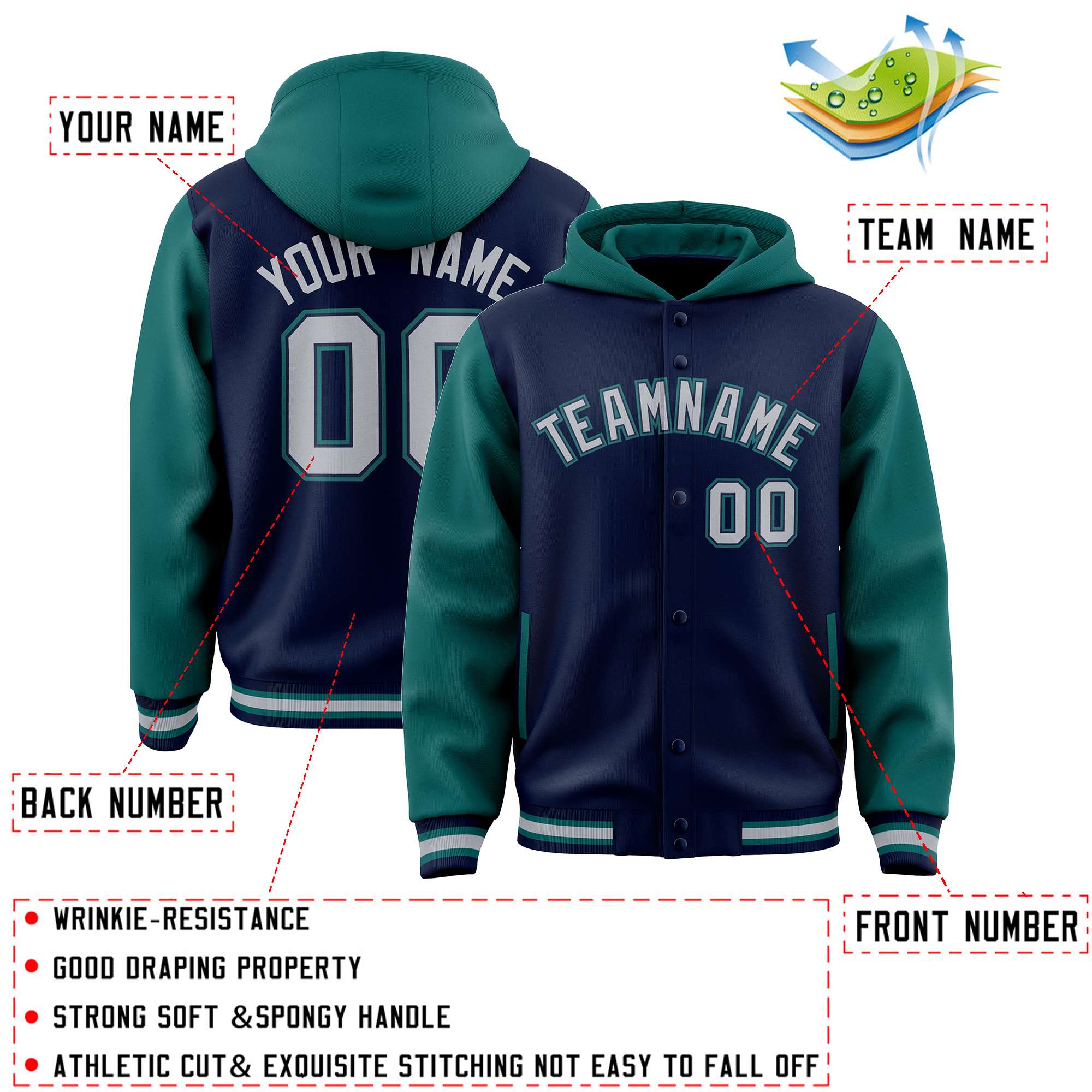 Custom Navy Aqua Raglan Sleeves Varsity Full-Snap Letterman Two Tone Jacket Hoodie| KXKSHOP