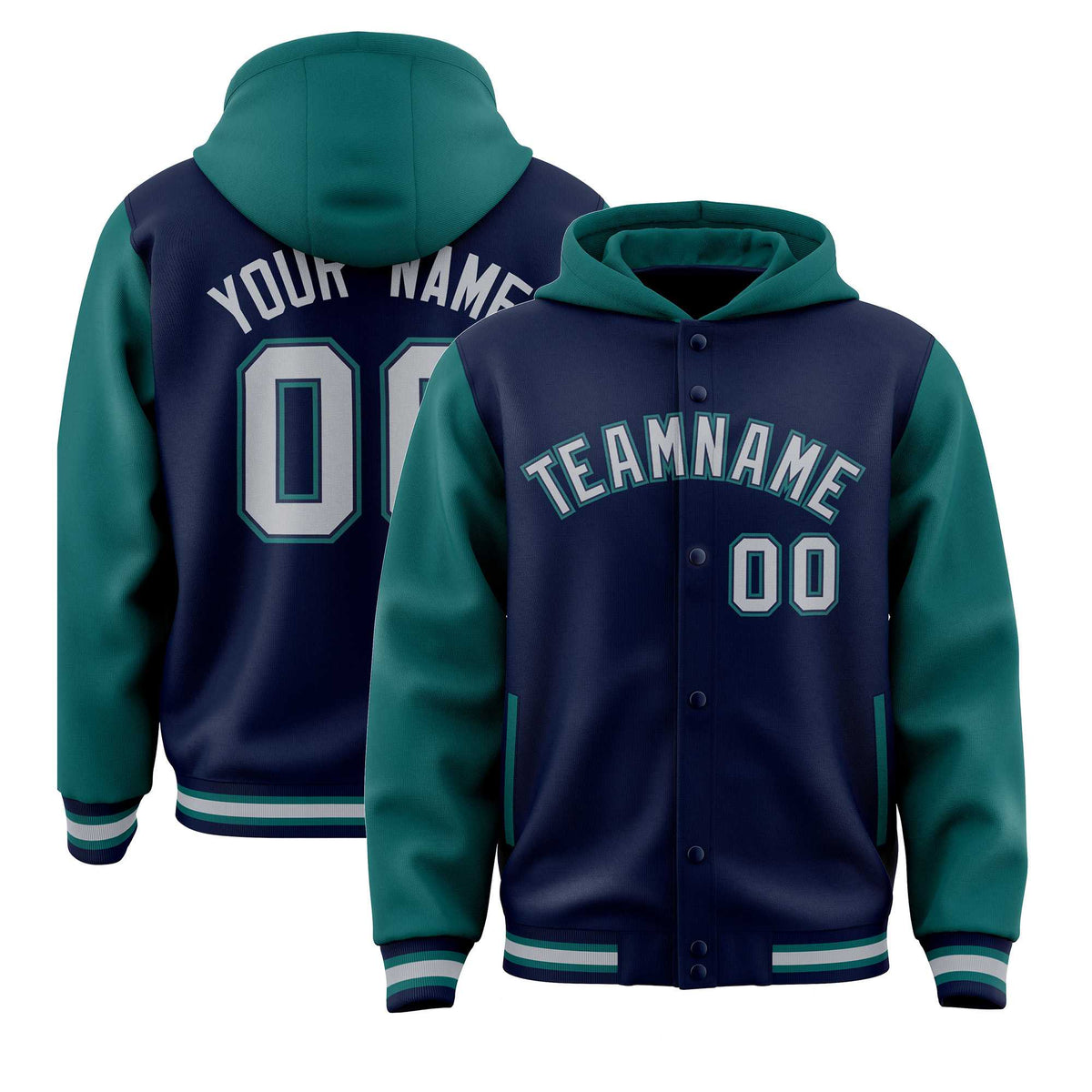 Custom Navy Aqua Raglan Sleeves Varsity Full-Snap Letterman Two Tone Jacket Hoodie| KXKSHOP