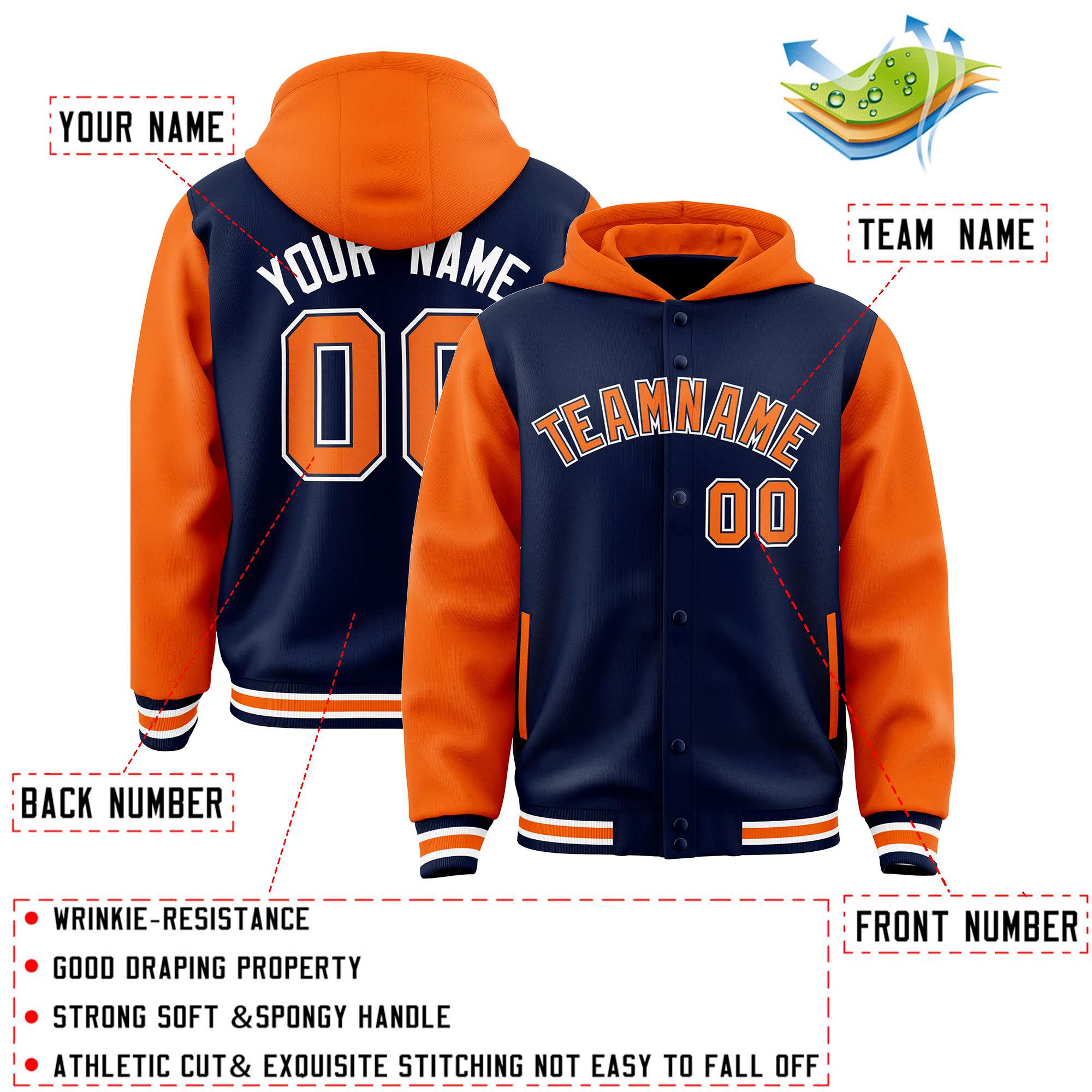 Custom Navy Orange Raglan Sleeves Varsity Full-Snap Letterman Two Tone Jacket Hoodie| KXKSHOP