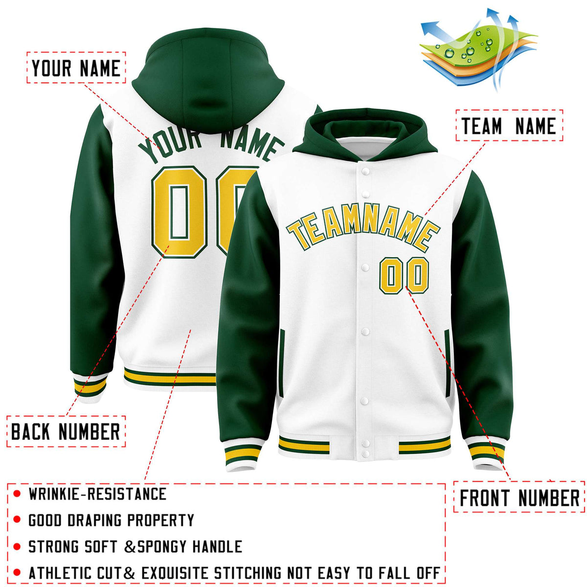 Custom White Green Raglan Sleeves Varsity Full-Snap Letterman Two Tone Jacket Hoodie| KXKSHOP