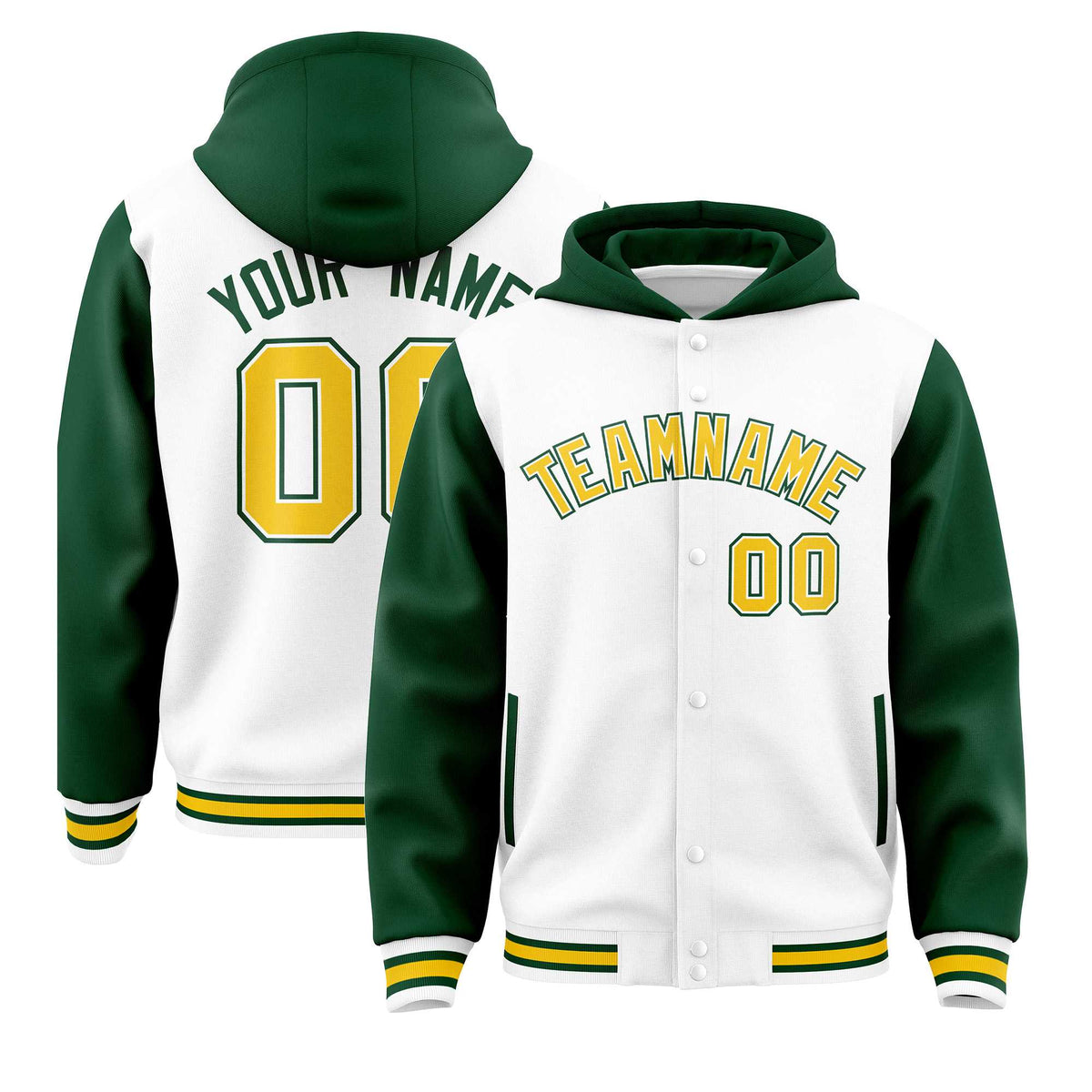 Custom White Green Raglan Sleeves Varsity Full-Snap Letterman Two Tone Jacket Hoodie| KXKSHOP