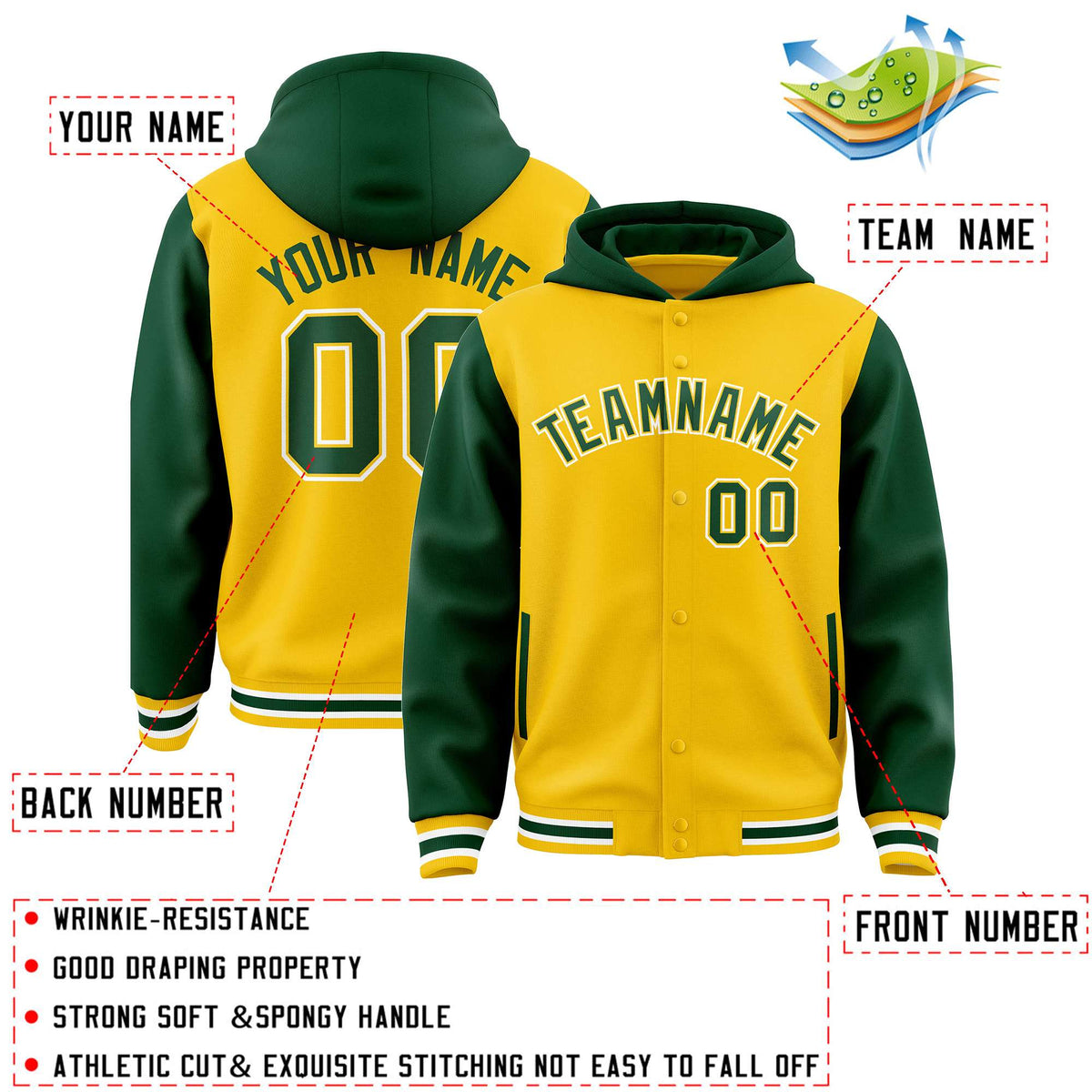 Custom Gold Green Raglan Sleeves Varsity Full-Snap Letterman Two Tone Jacket Hoodie| KXKSHOP