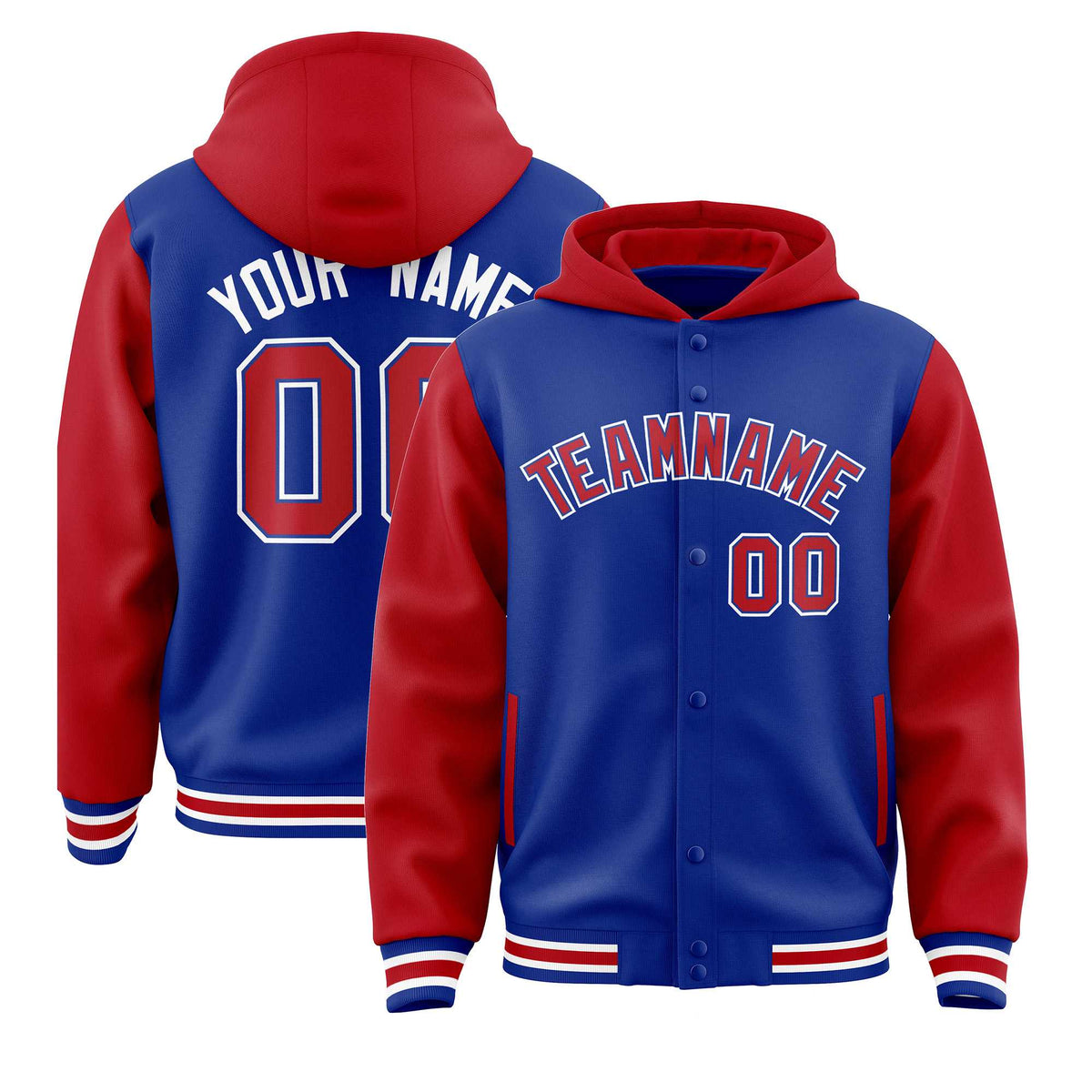 Custom Royal Red Raglan Sleeves Varsity Full-Snap Letterman Two Tone Jacket Hoodie| KXKSHOP