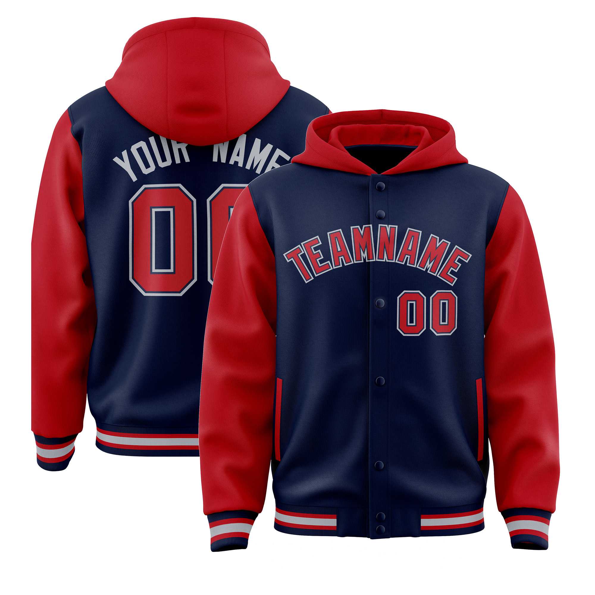 Custom Navy Red Raglan Sleeves Varsity Full-Snap Letterman Two Tone Jacket Hoodie| KXKSHOP