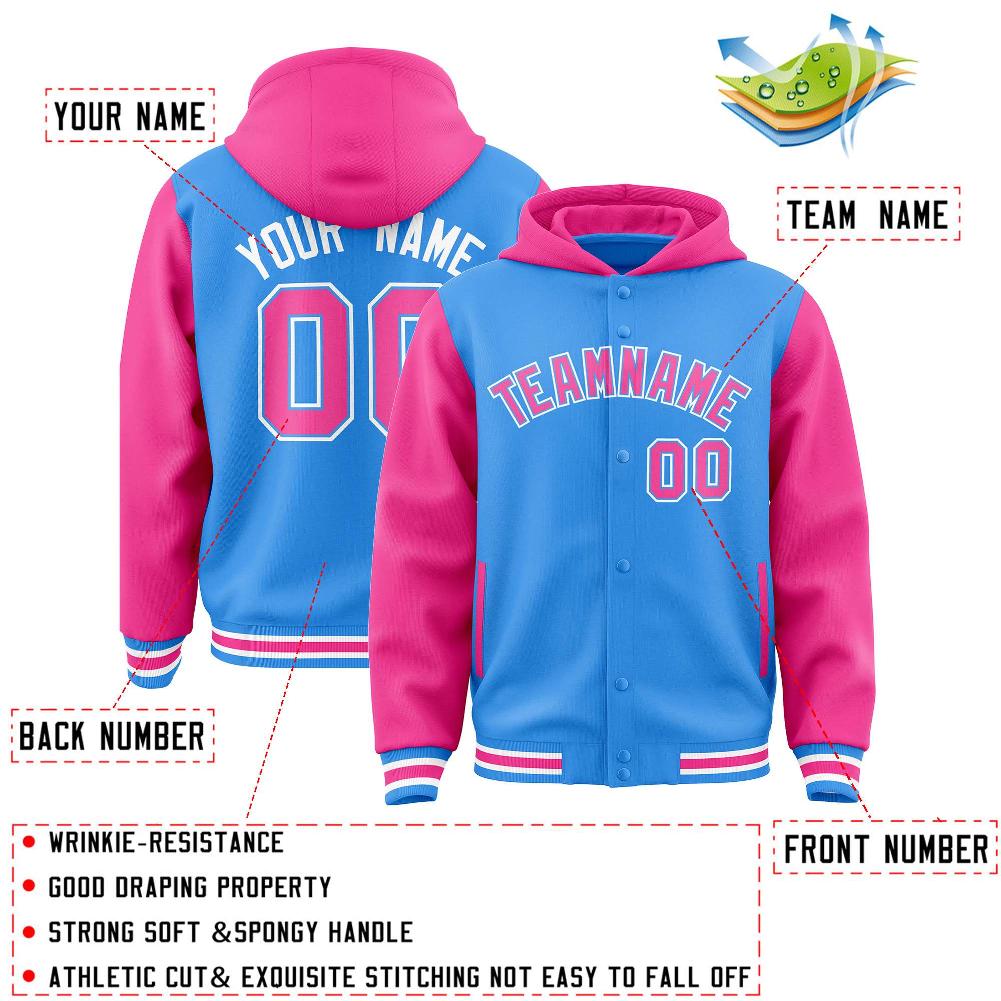 Custom Powder Blue Pink Raglan Sleeves Varsity Full-Snap Letterman Two Tone Jacket Hoodie| KXKSHOP