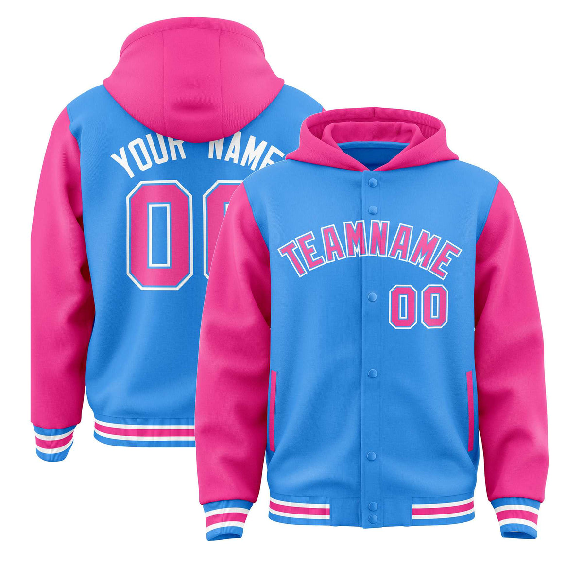 Custom Powder Blue Pink Raglan Sleeves Varsity Full-Snap Letterman Two Tone Jacket Hoodie| KXKSHOP
